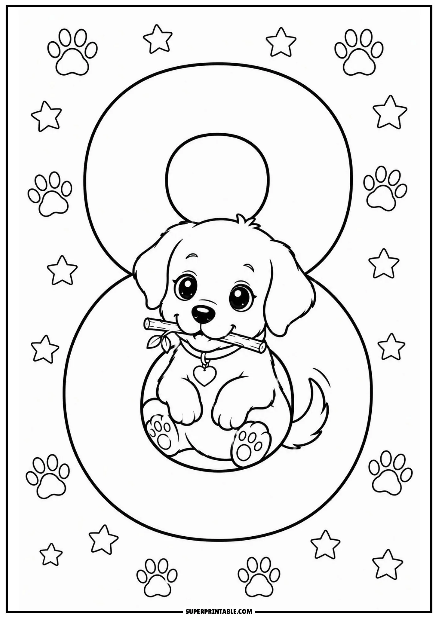 Chibi Labrador puppy nestled inside number 8 lower loop coloring sheet
