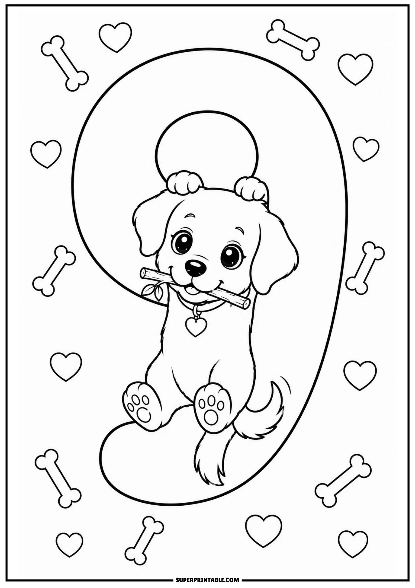 Playful puppy hanging from top curve of number 9 coloring page outline