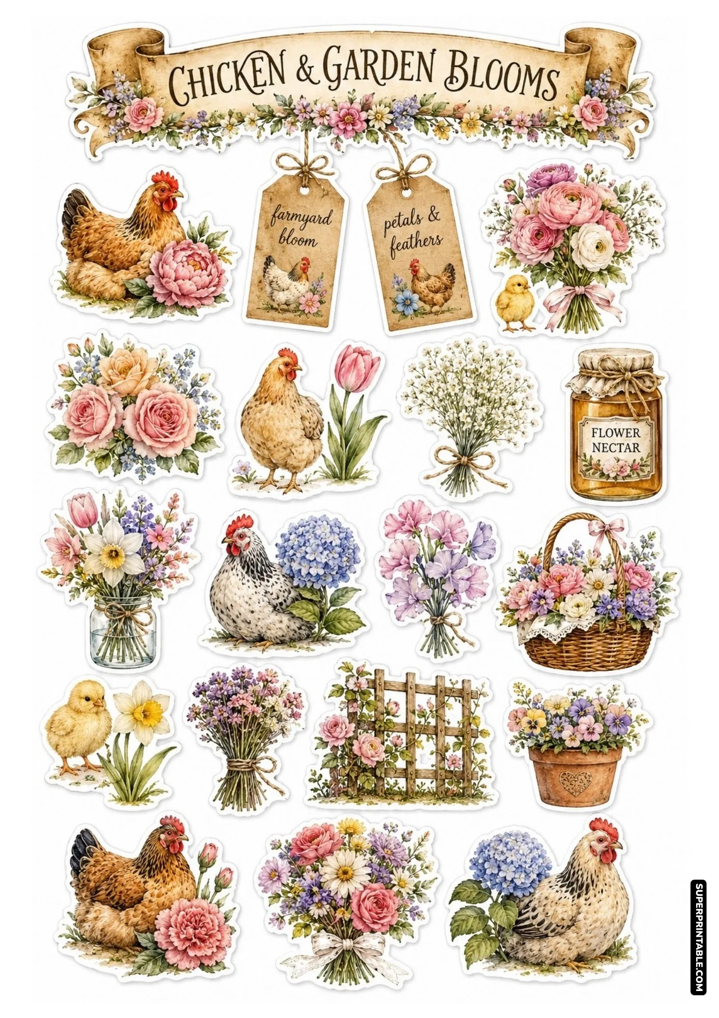 Printable farmhouse chicken sticker sheets featuring hens, yellow chicks, pink peonies, and flower baskets.