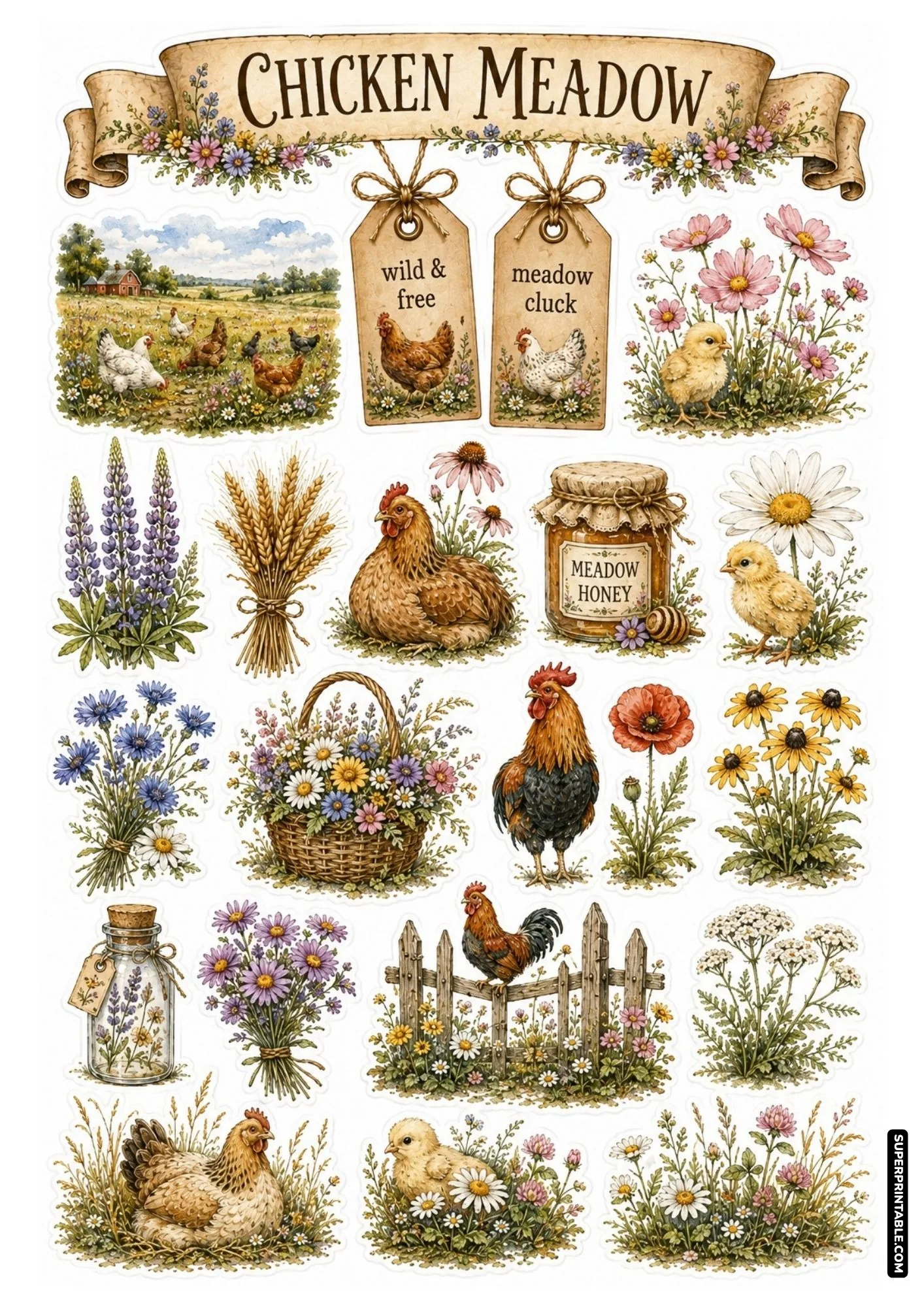 Farmhouse chicken sticker sheets design featuring country meadow chickens, lupines, and honey jar.