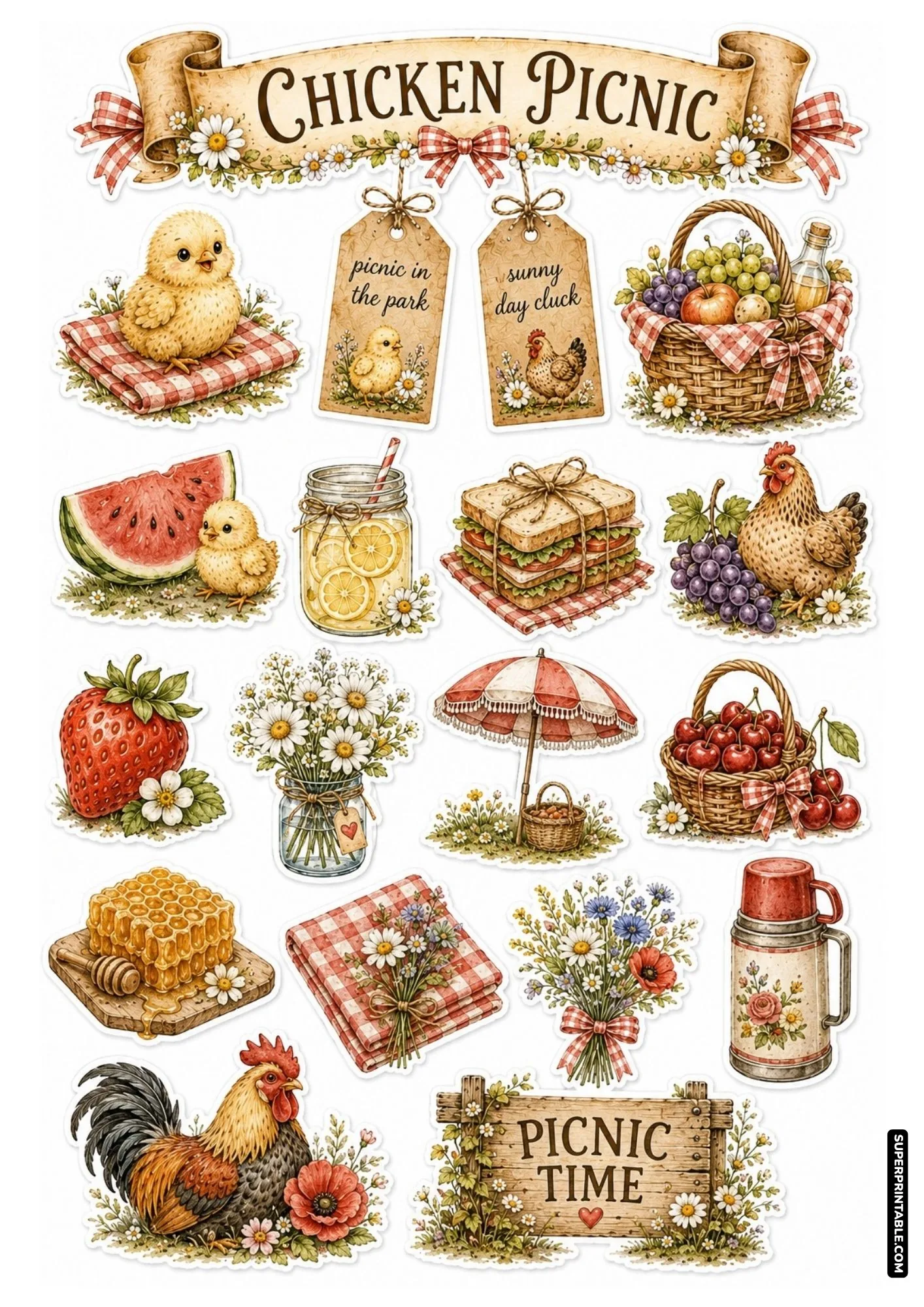 Charming chicken picnic sticker sheet with yellow chicks, fruit baskets, sandwiches, and picnic time sign.