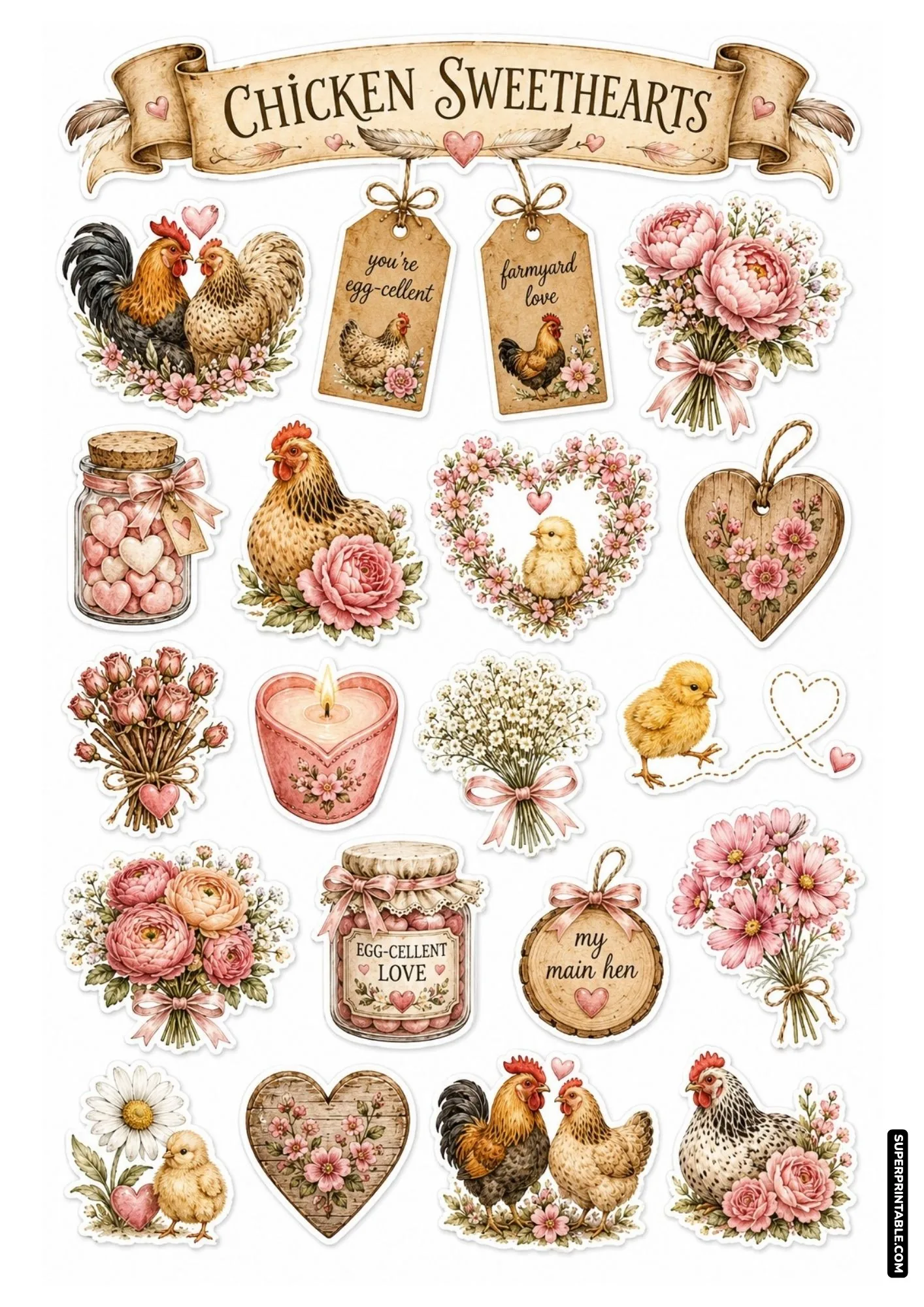 Romantic chicken sweethearts sticker sheet featuring hen and rooster couples, heart wreaths, and candy jars.