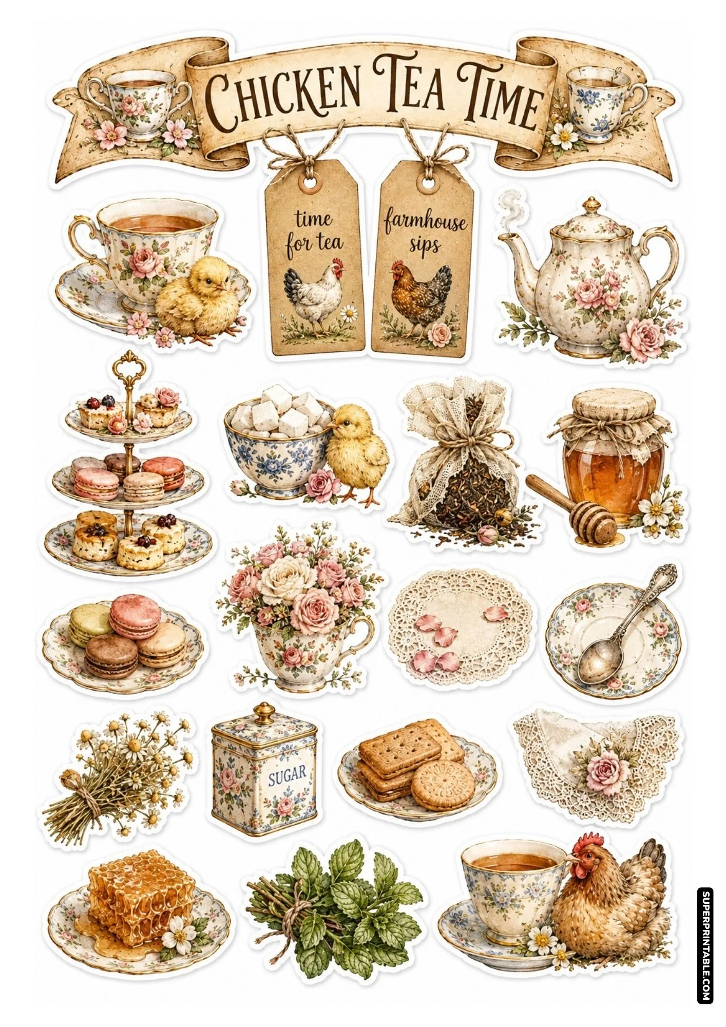 Vintage chicken tea time sticker sheet featuring floral teacups, teapots, macarons, and cute chicks.