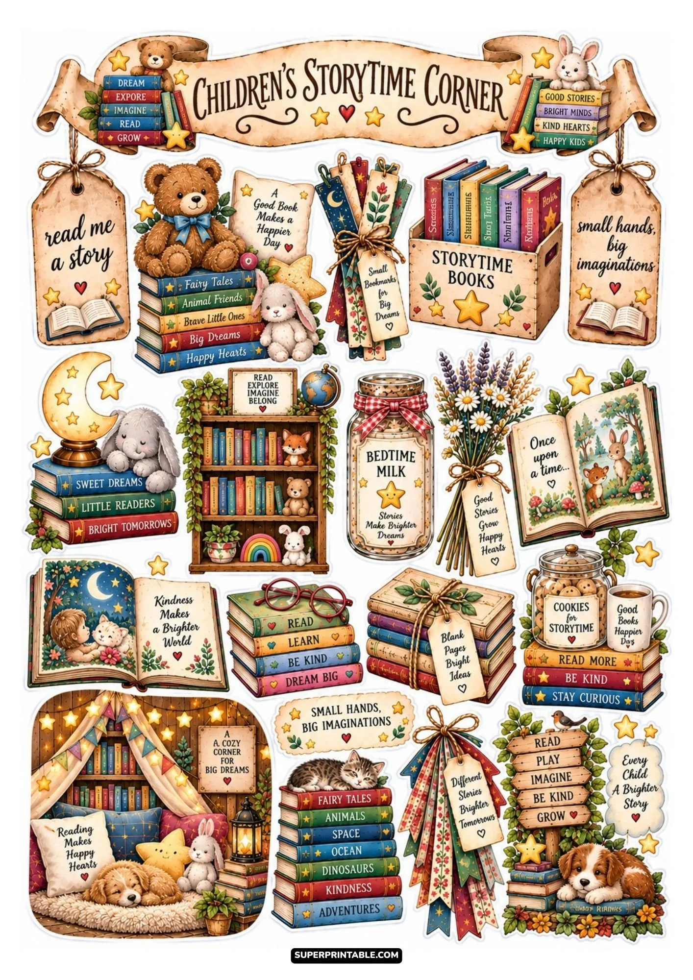 Children storytime sticker sheet featuring cute teddy bears, bunnies, cookie jars, and a reading tent.