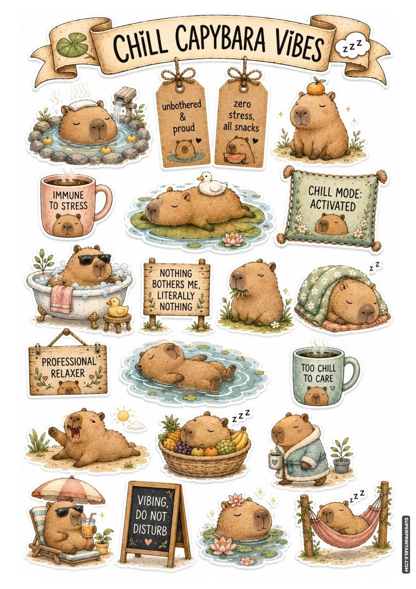 Lazy animal stickers printable featuring cute capybaras relaxing and napping with funny chill quotes.