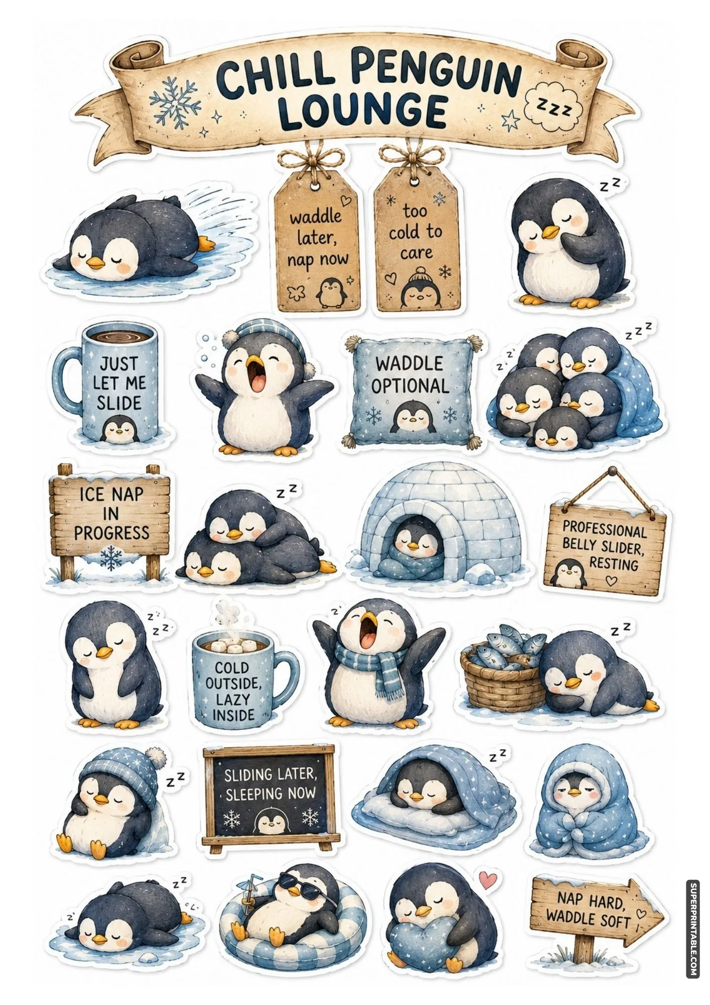 Lazy animal stickers printable showing cute penguins napping on ice floes with humorous winter quotes.