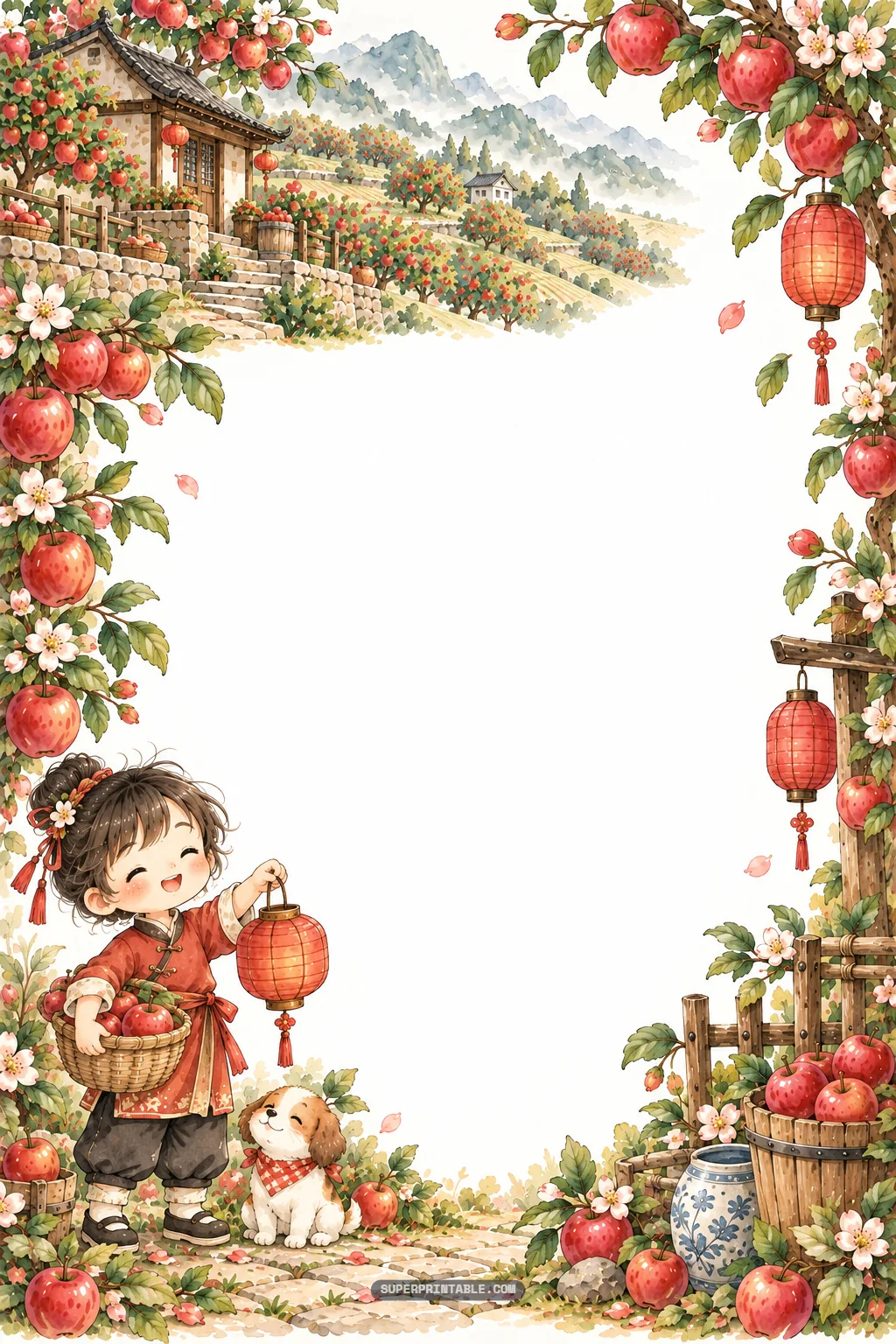 Girl holding a red lantern and apple basket against terraced mountain orchards