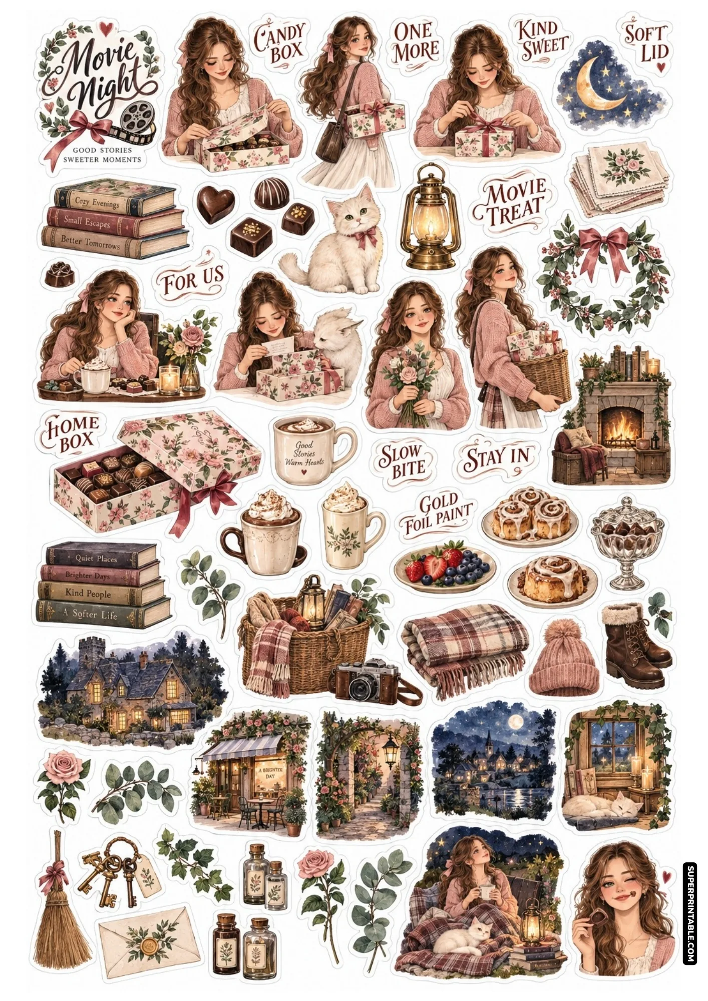 Stickers of a girl in pink knitwear opening gourmet chocolate boxes beside cozy lanterns and floral gift hampers.