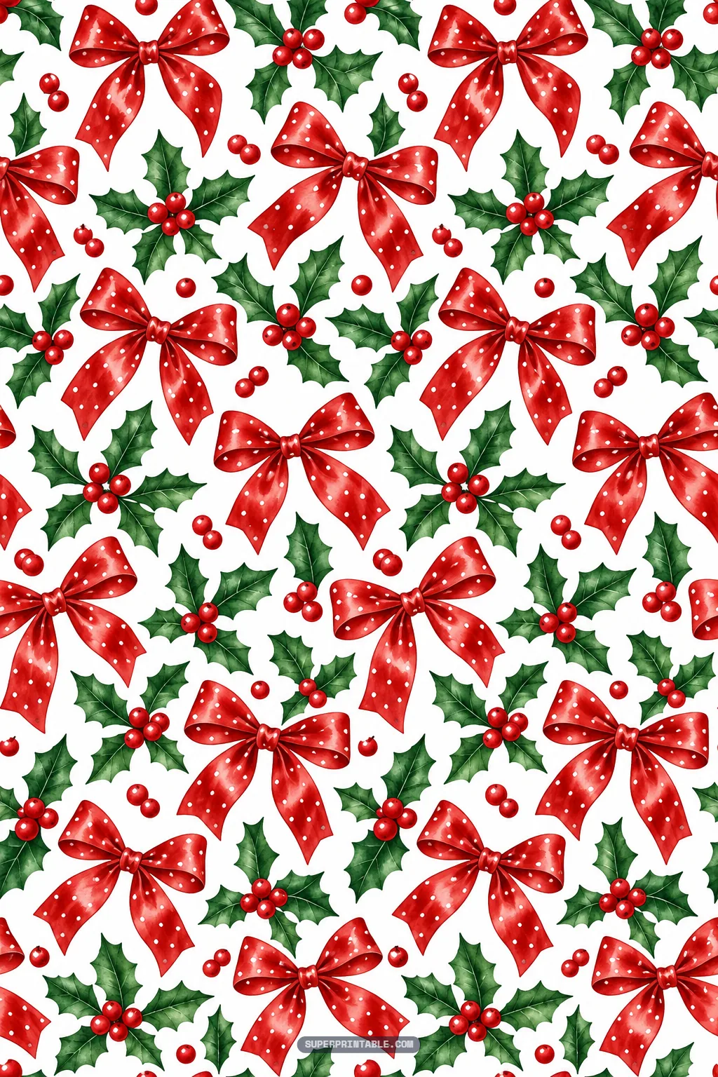 Seamless christmas holiday digital papers design with red polka dot ribbon bows and green holly berries