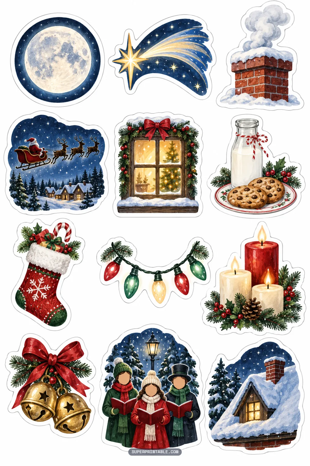 Christmas eve nighttime stickers featuring Santa sleigh flying carolers and glowing candles