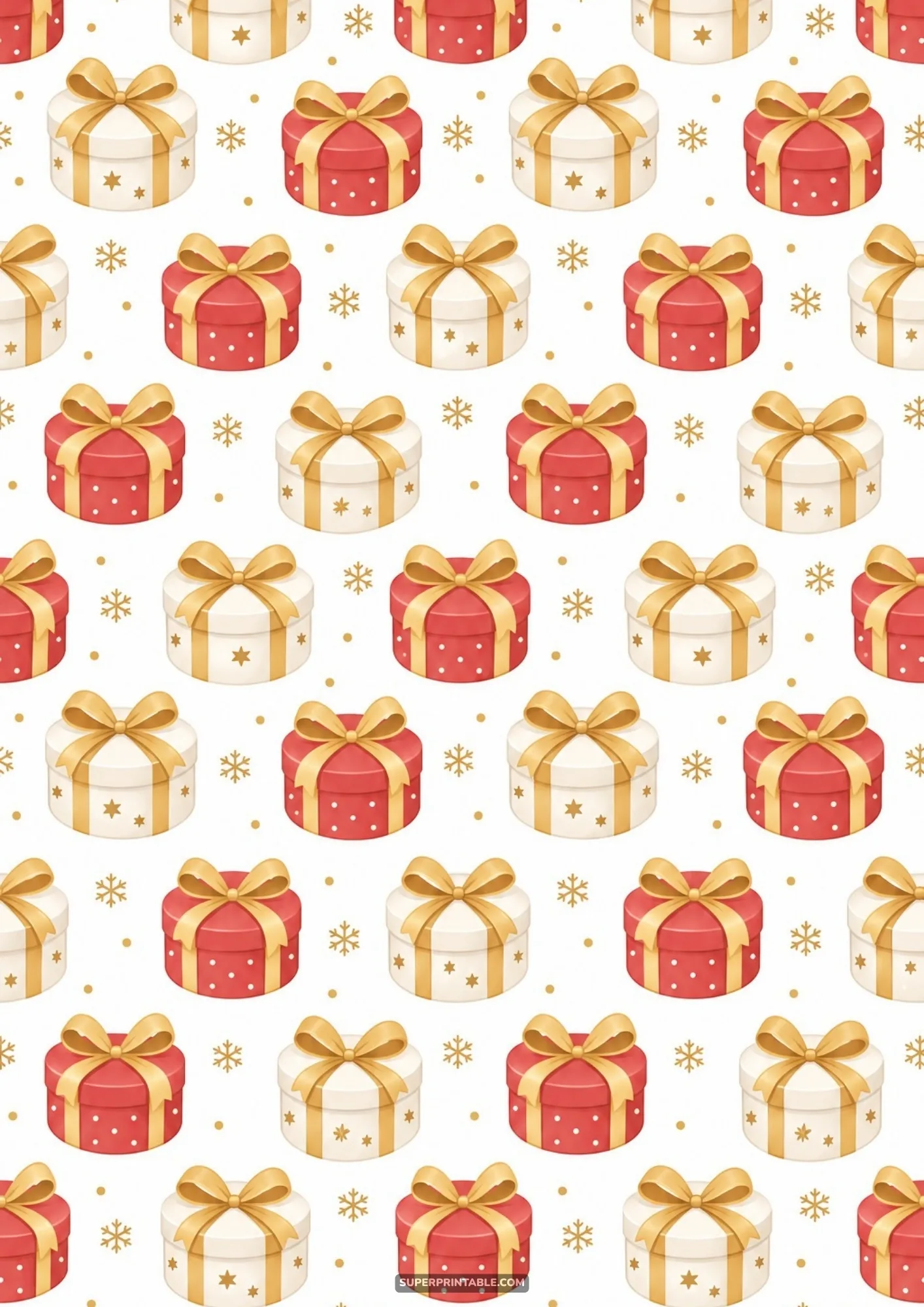 Round holiday present boxes tied with golden satin bows and starry festive details on white.