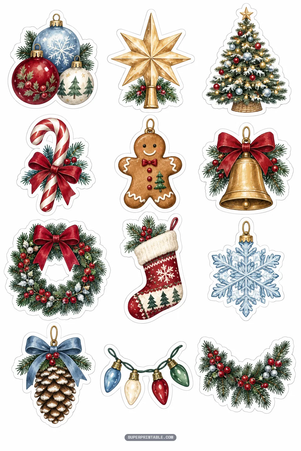 Watercolor holiday ornament stickers showing Christmas wreaths, gingerbread men, gold bells, and stockings