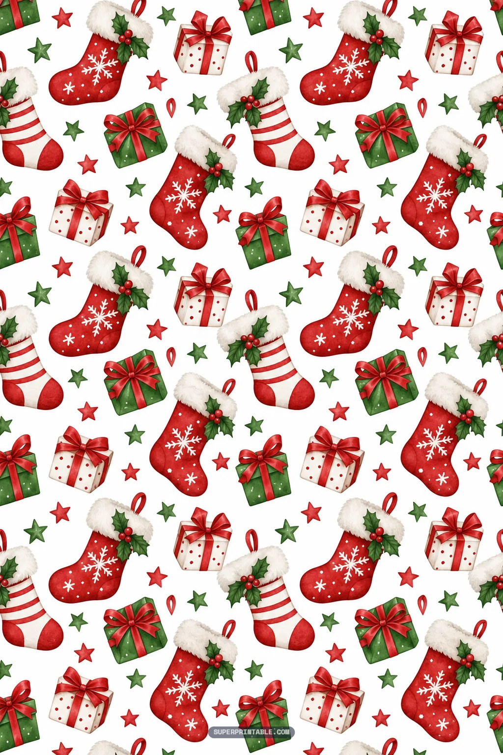 Cozy red holiday stockings with snowflake embroidery and wrapped gift boxes tied with satin ribbon bows