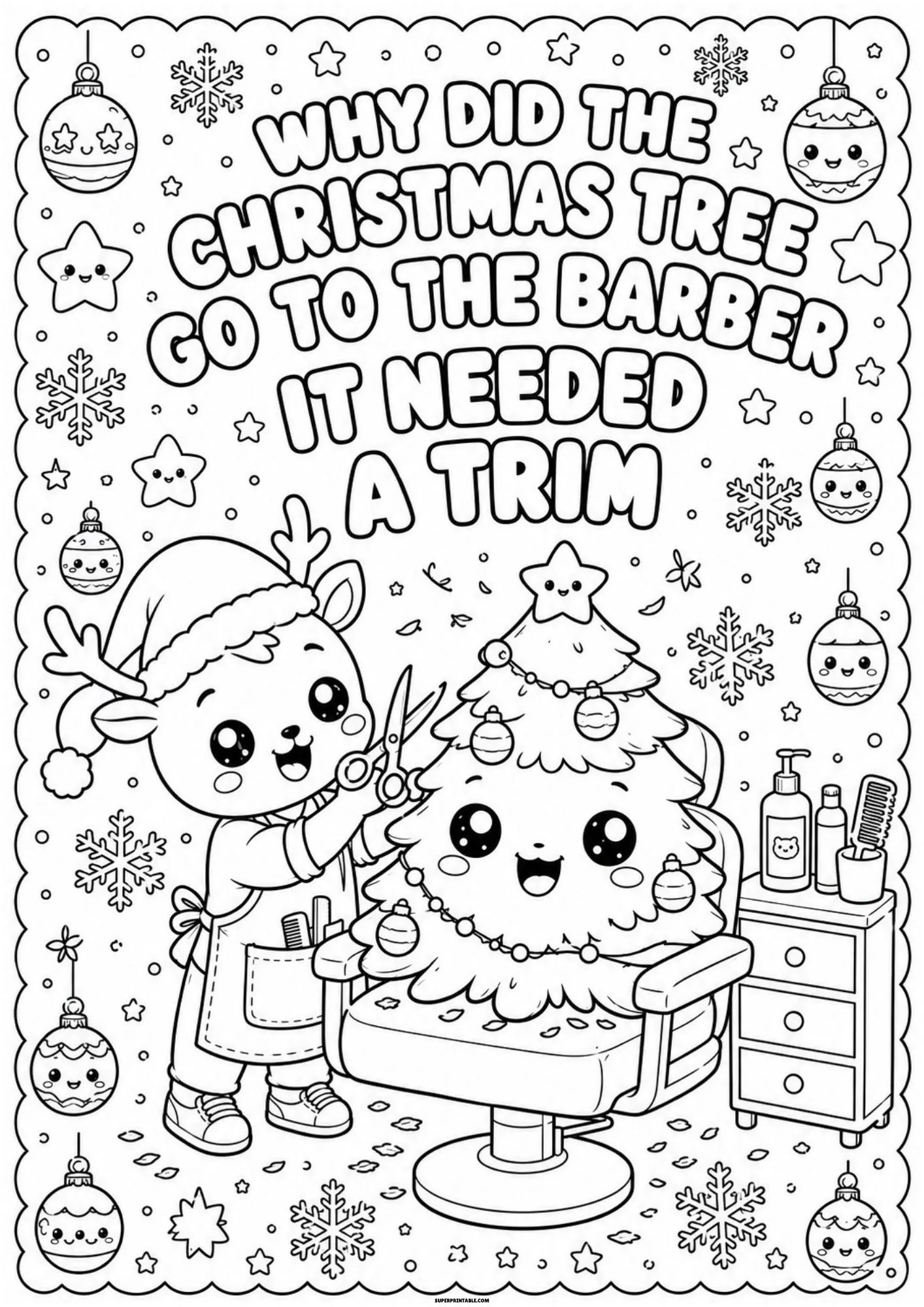 Cute reindeer barber using scissors to trim a decorated Christmas tree.