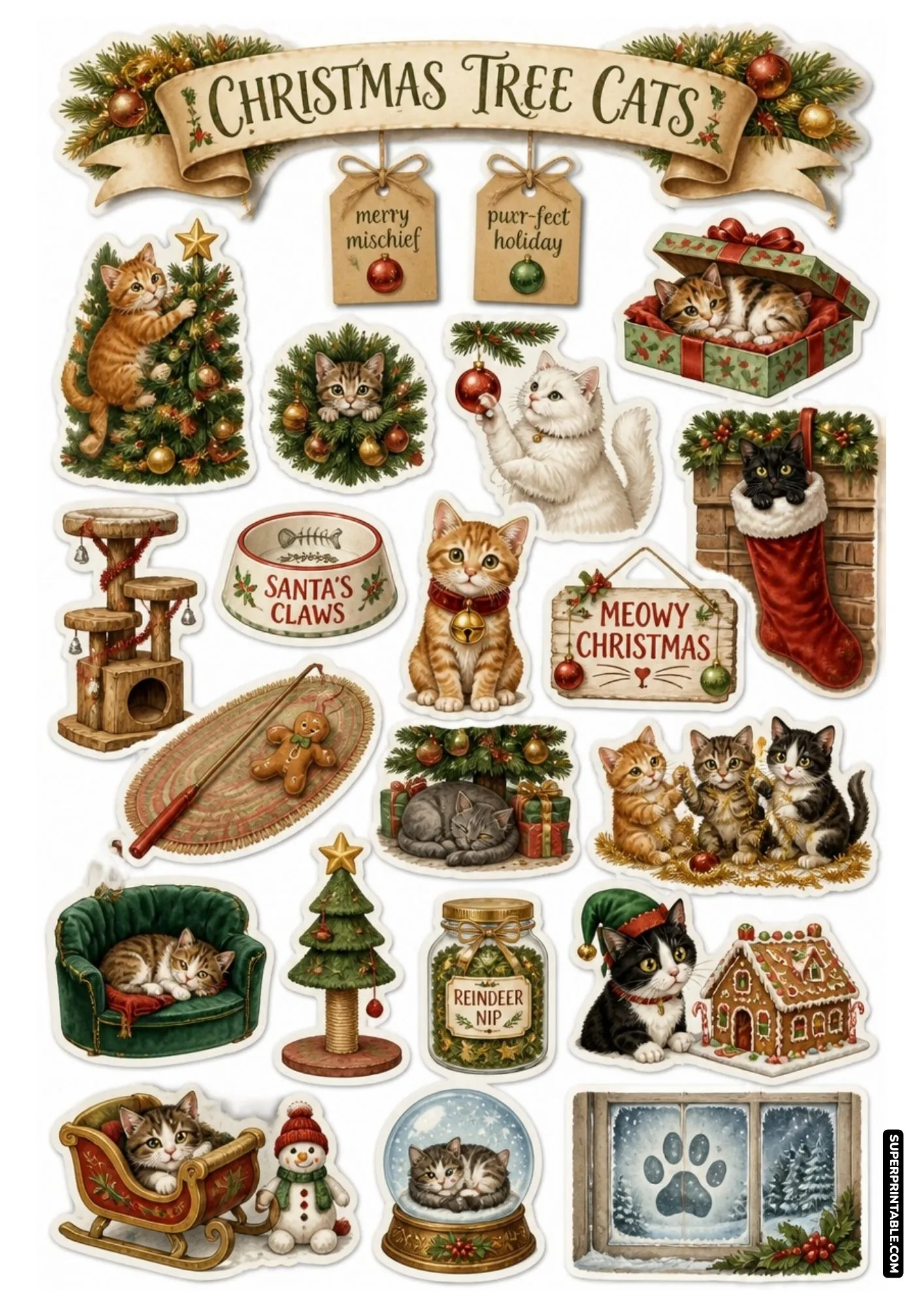 Christmas cat sticker sheet featuring playful kittens hiding in stockings and tree ornaments.