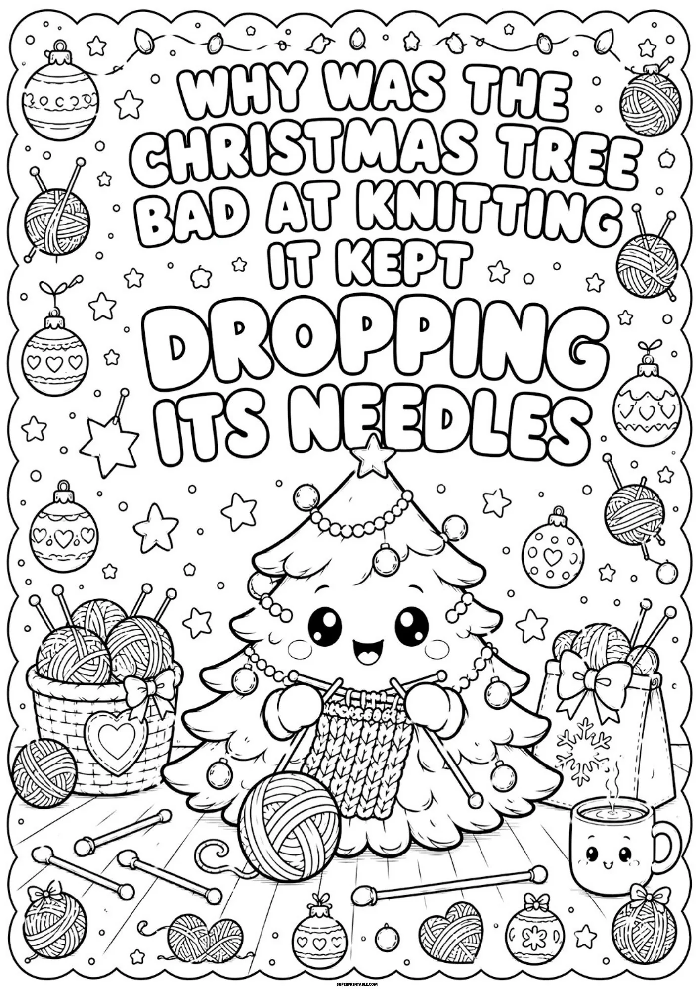 Cute christmas tree knitting yarn with a funny holiday riddle printed above it.