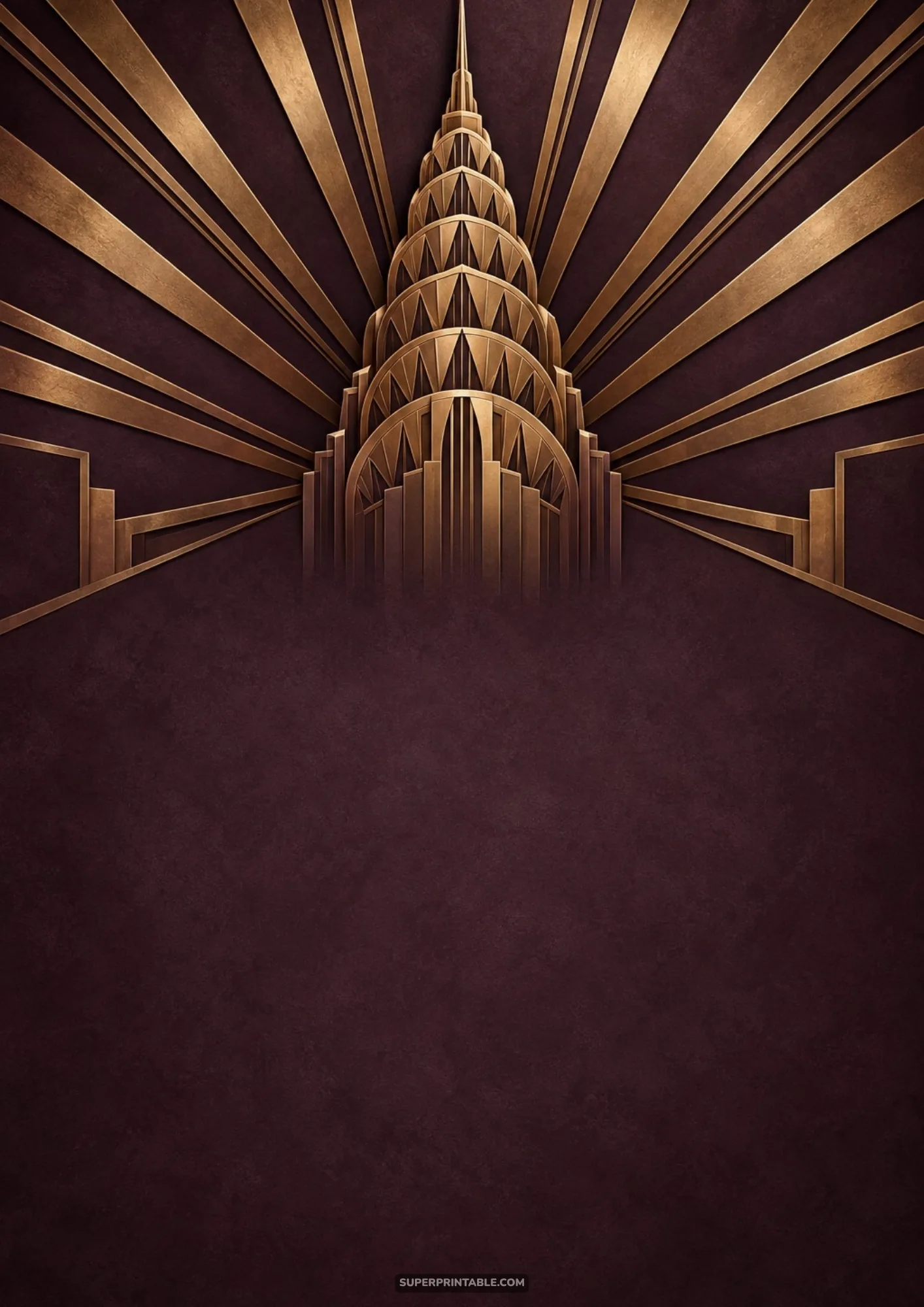 Art deco skyscraper spire with radiating sunburst beams over a deep plum textured background