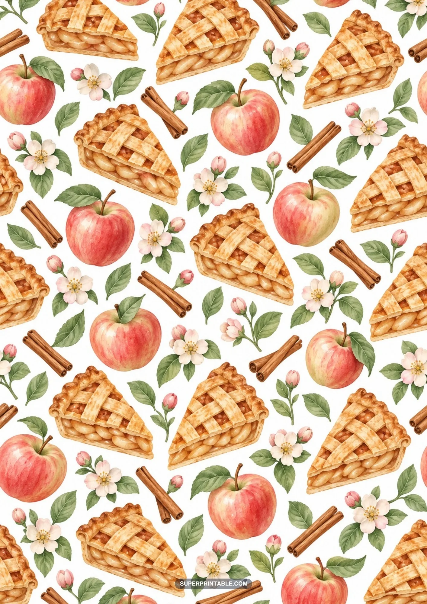 Delicious golden apple pie wedges, cinnamon quills, and fresh apples on a white field