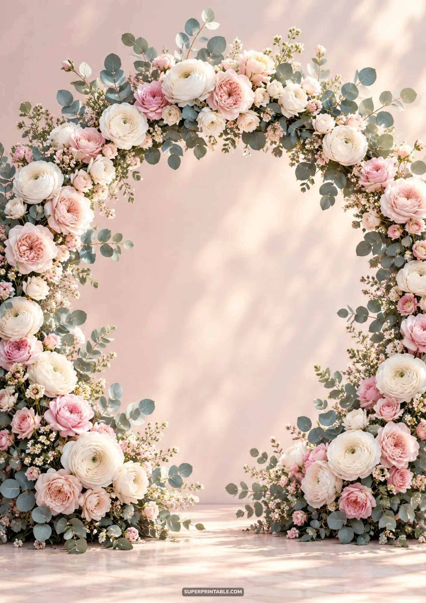 Stunning peony digital backgrounds featuring a round floral arch of white ranunculus and eucalyptus
