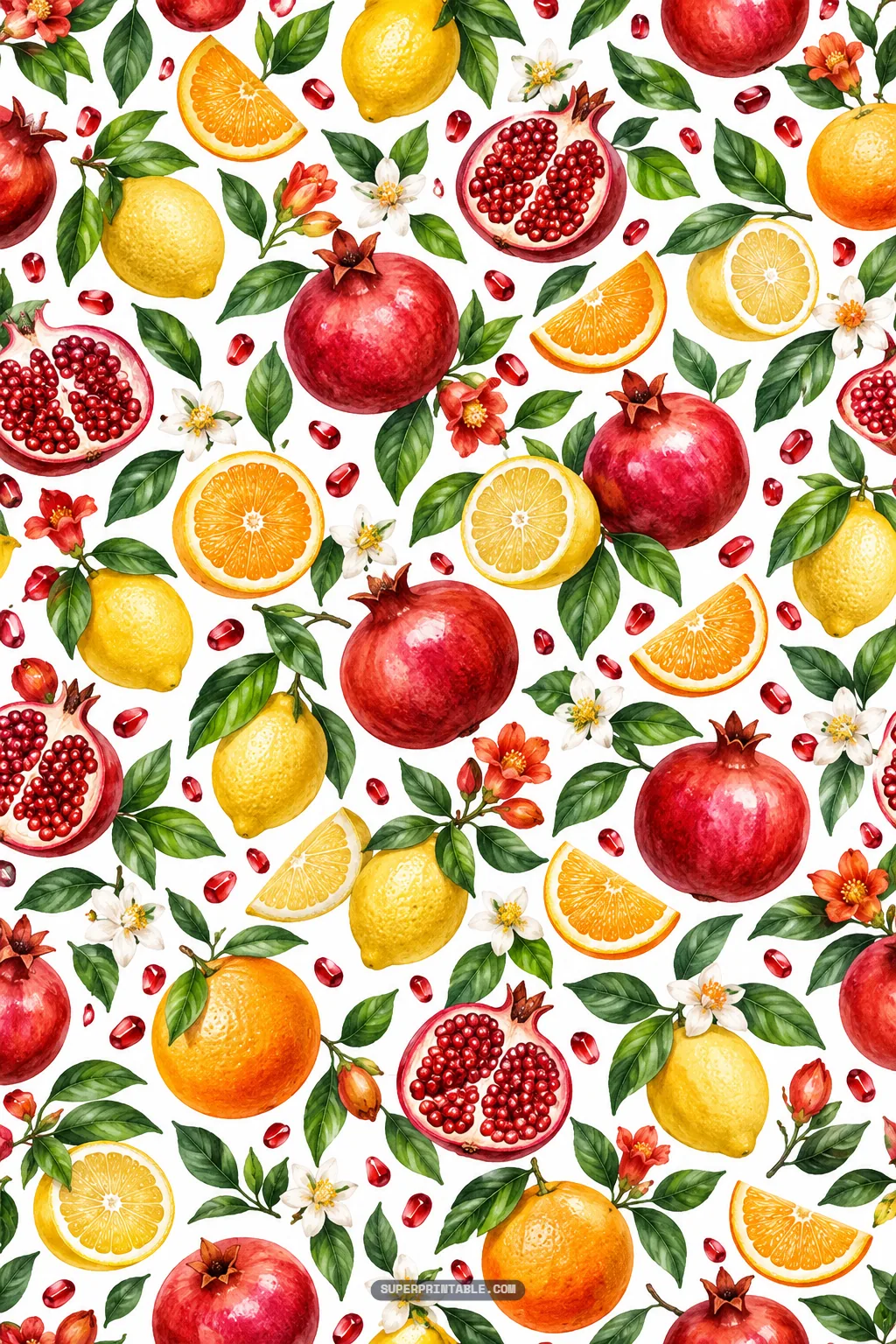 Mixed citrus and pomegranate pattern with sliced lemons, whole oranges, and seeds