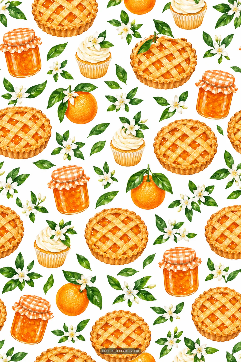 Sweet citrus bakery pattern featuring golden lattice pies, frosted cupcakes, jars of marmalade, and oranges