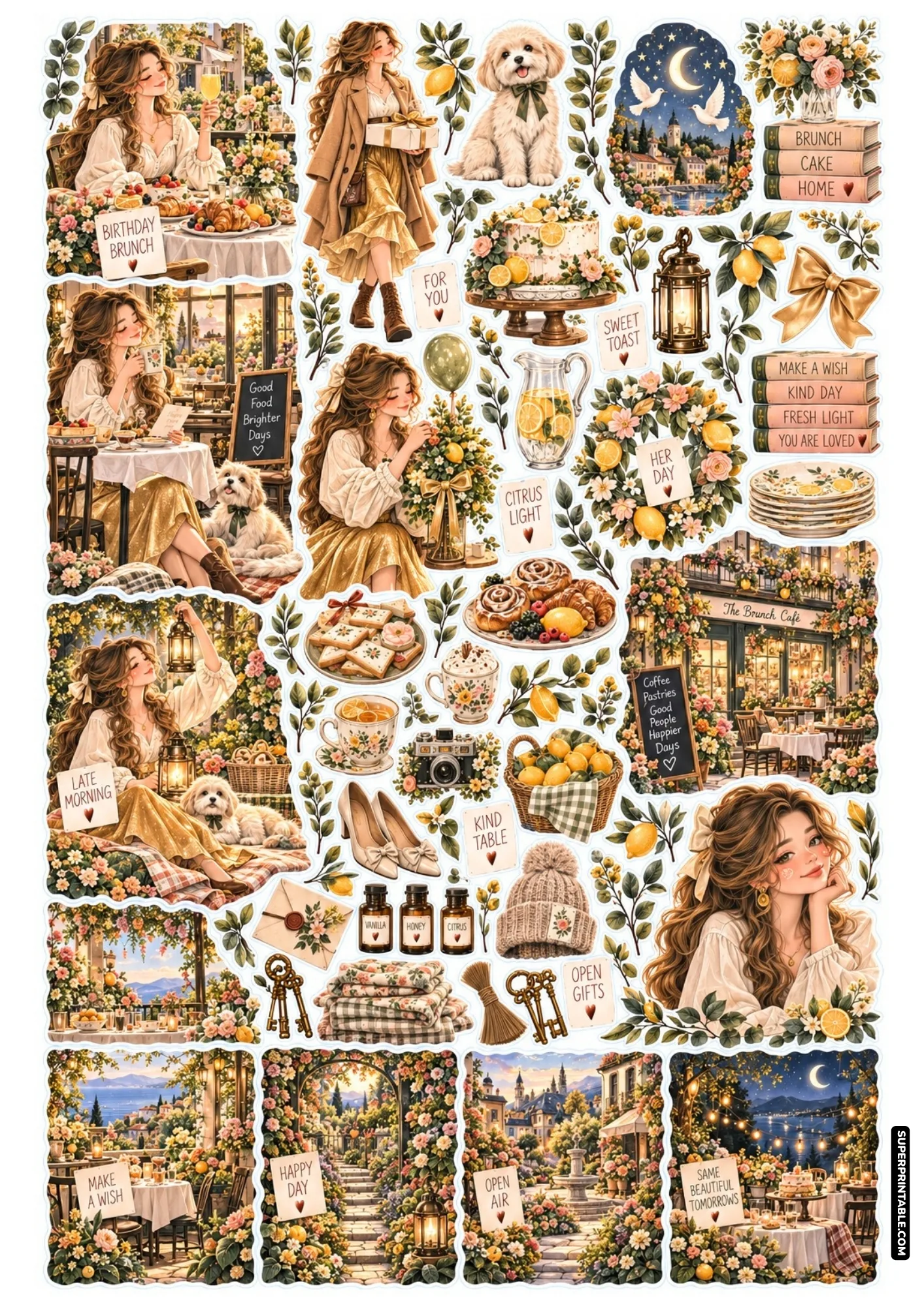 Sunny birthday party sticker sheets featuring lemon citrus cakes, puppy companion, pastries, and brunch cafe.