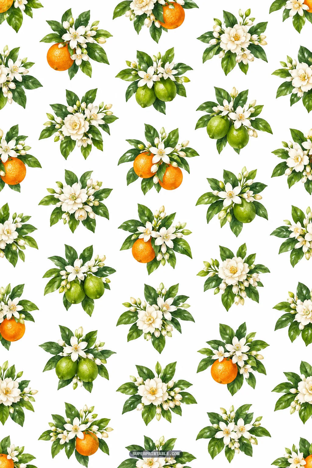 Botanical fruit clusters featuring sweet oranges, green limes, and lush white floral bouquets on white ground