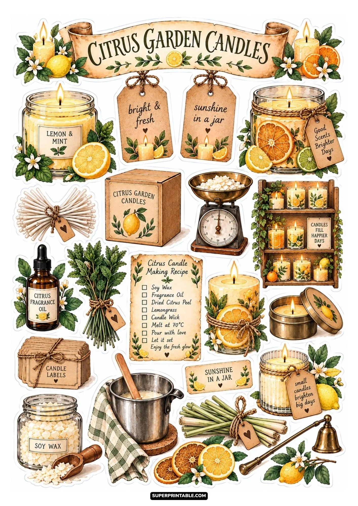 Citrus garden candle sticker sheet with lemon mint jar candles, fresh mint sprigs, and dried citrus slice decorations.