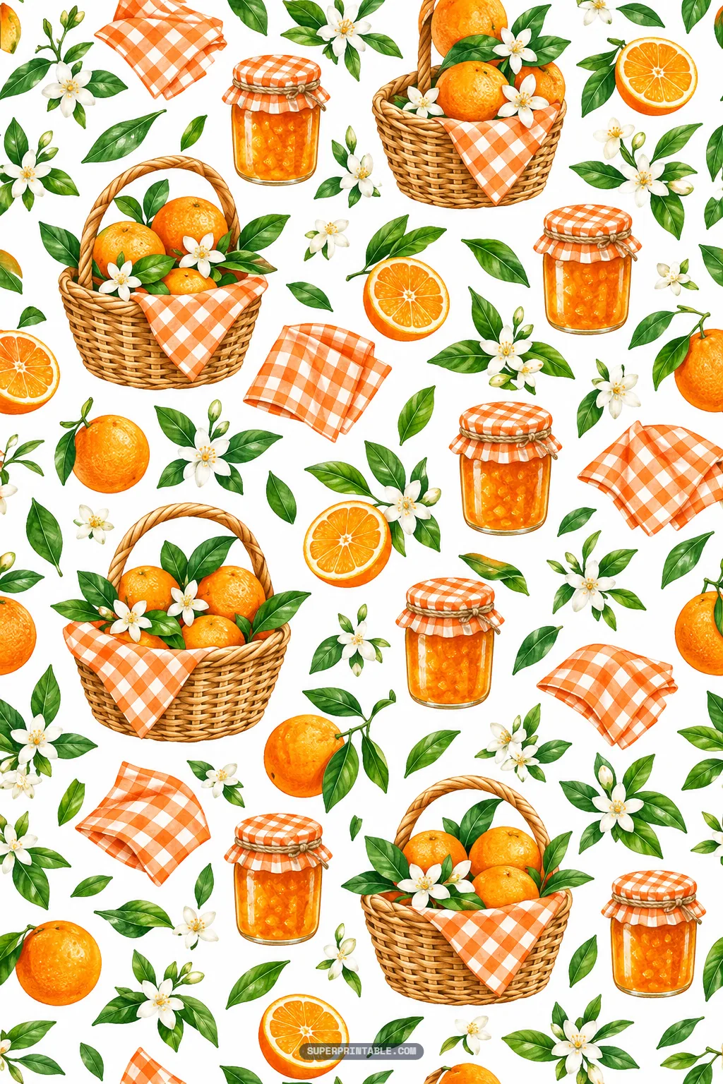 Rustic harvest pattern featuring woven baskets of oranges, jars of citrus jam, and plaid napkins on white