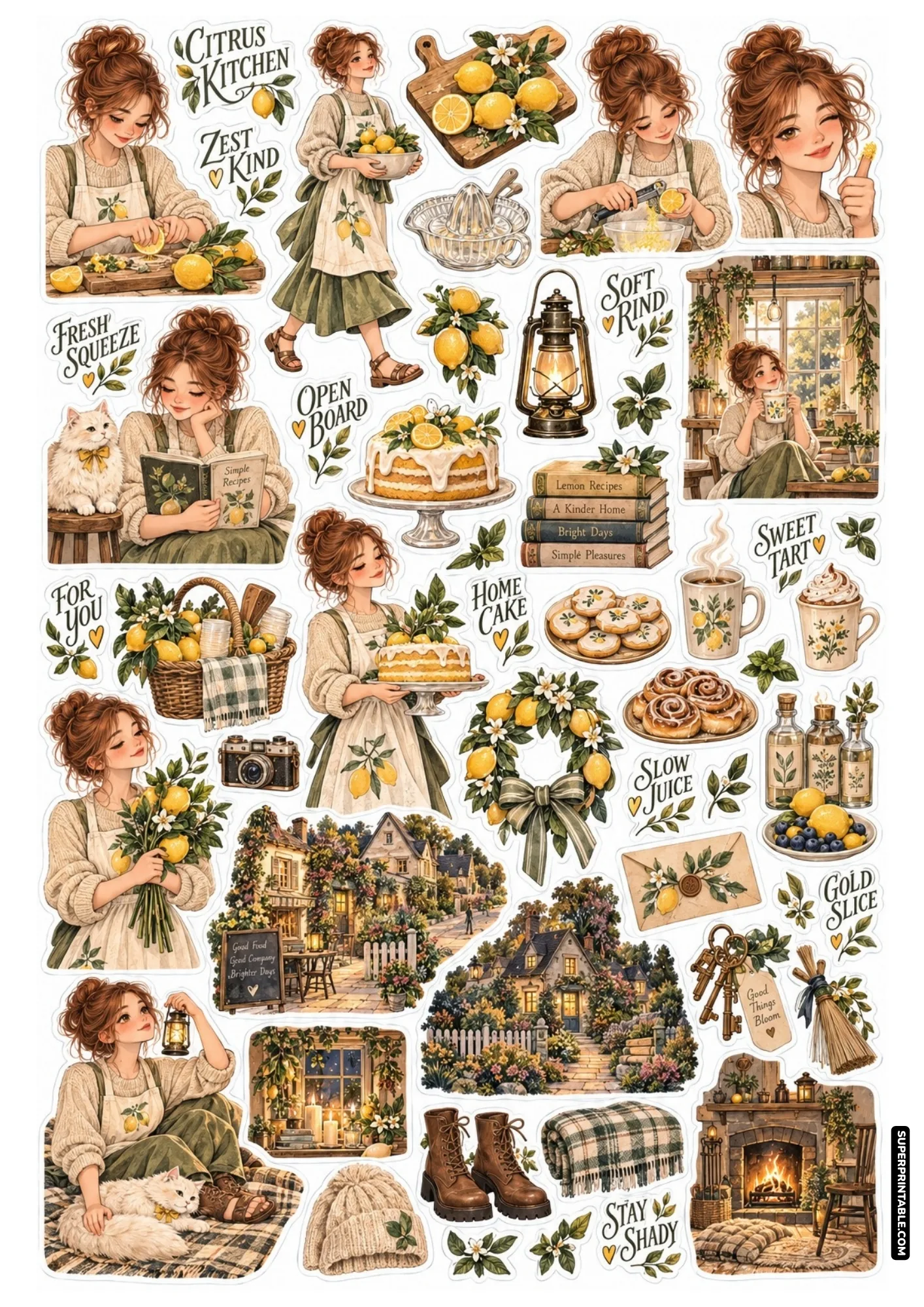 Lemon baking sticker sheet showing a girl squeezing fresh fruit, frosted citrus cake, and kitchen utensils.