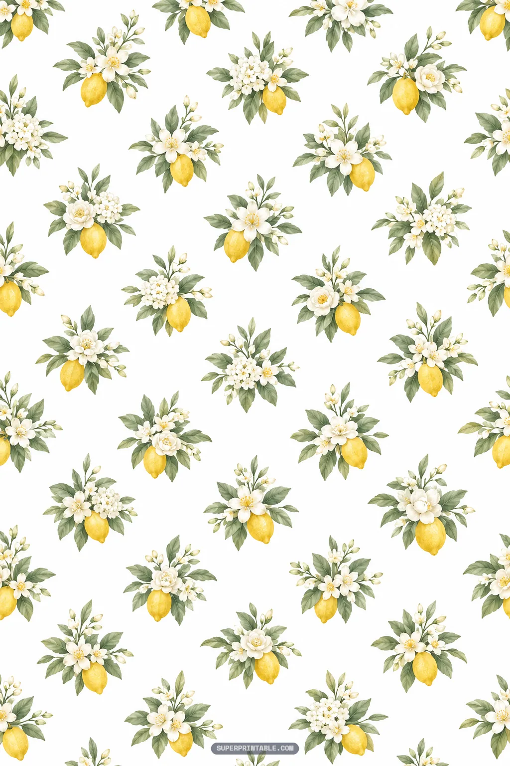 Scattered floral posies featuring single yellow lemons surrounded by leafy white flower bouquets