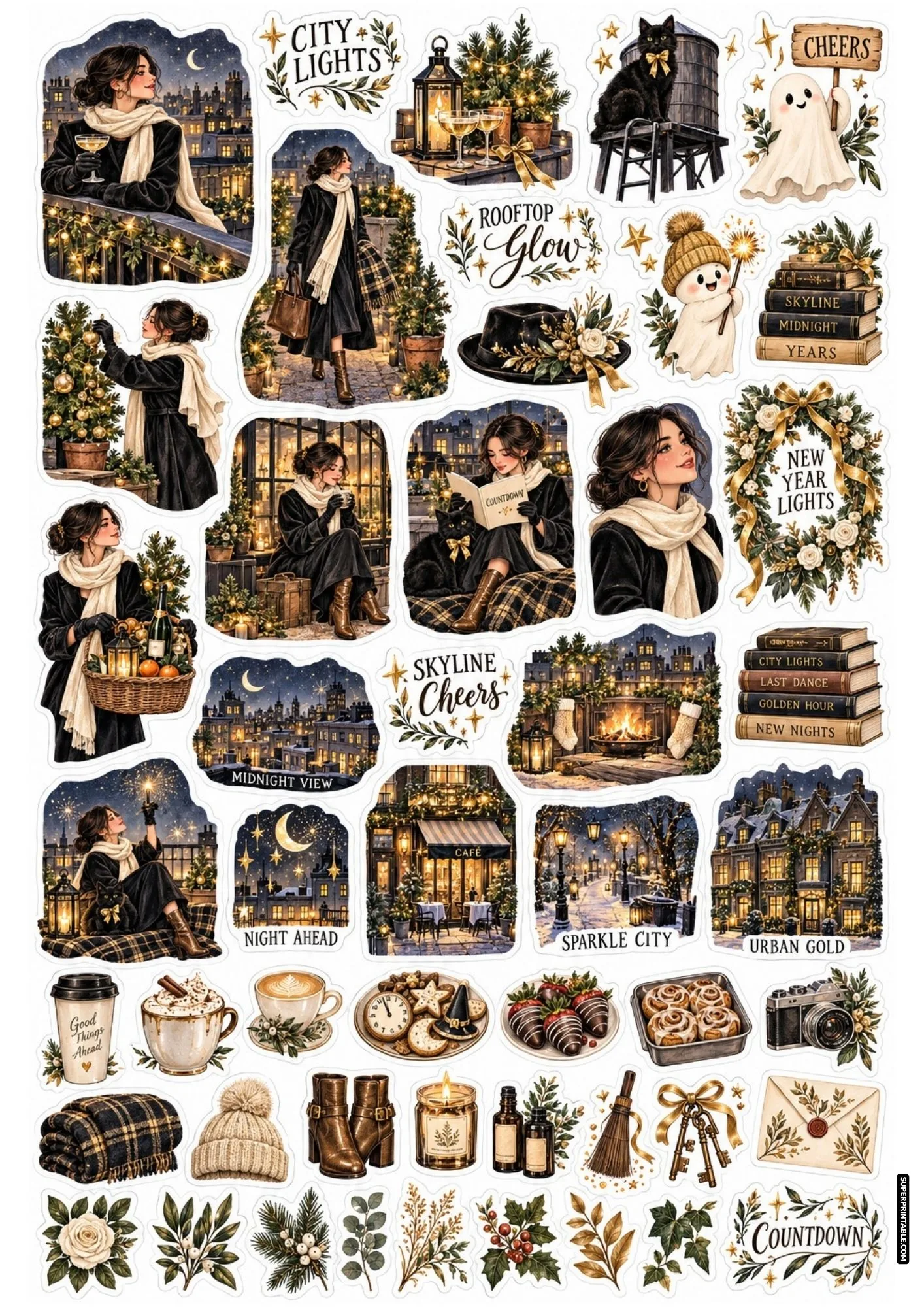 Chic rooftop sticker sheet with a woman in a black winter coat overlooking illuminated city buildings