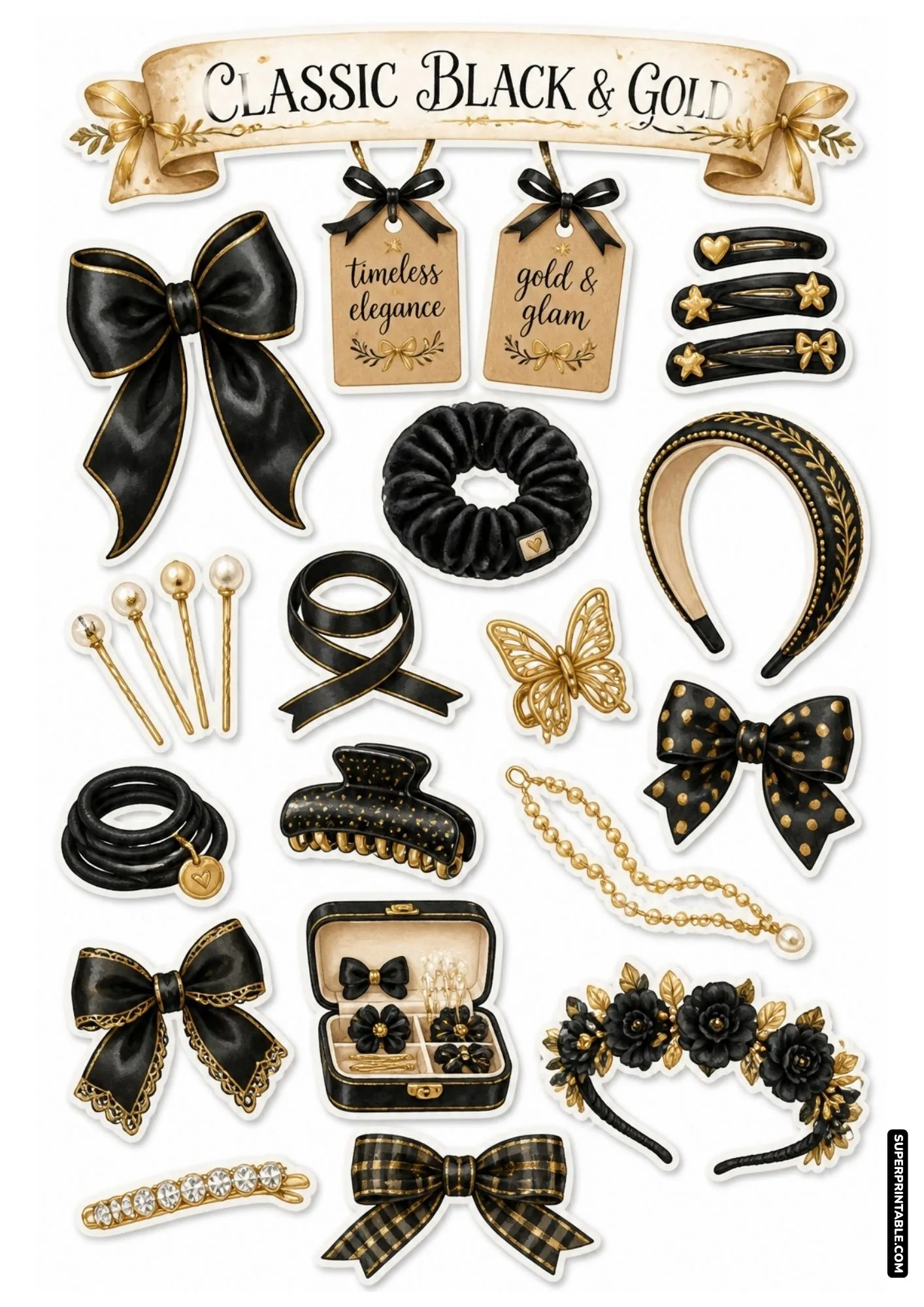 Black and gold fashion sticker sheet featuring dark velvet scrunchie, star hairpins, and gold bows.