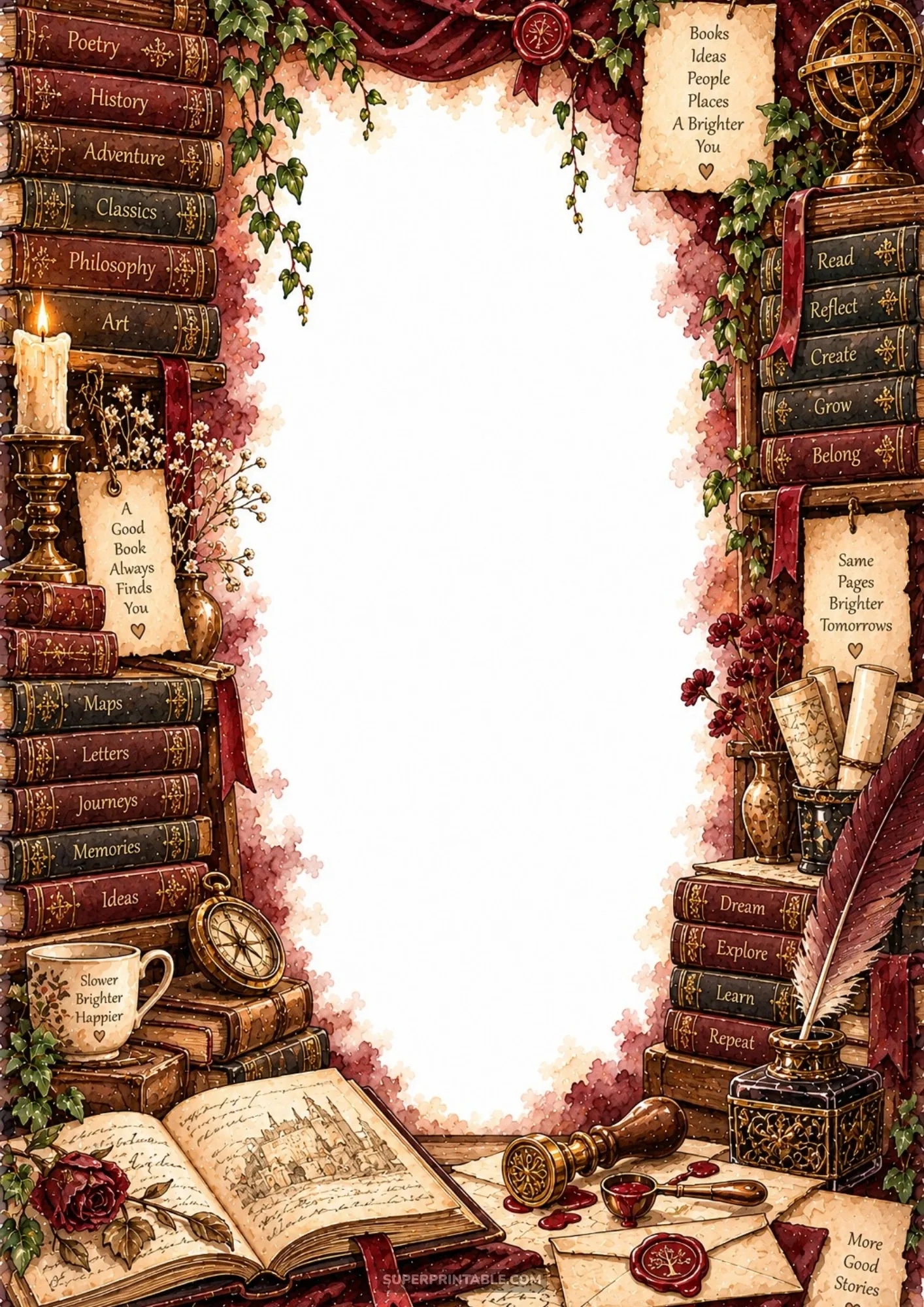 Rich crimson library border with embossed leather books, wax seal stamp, and lit candle.