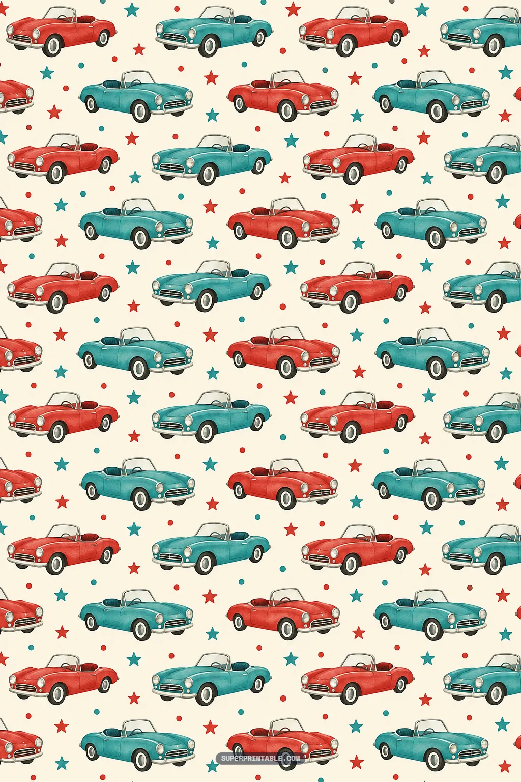 Classic red and teal vintage convertible sports cars with retro stars in retro diner digital papers