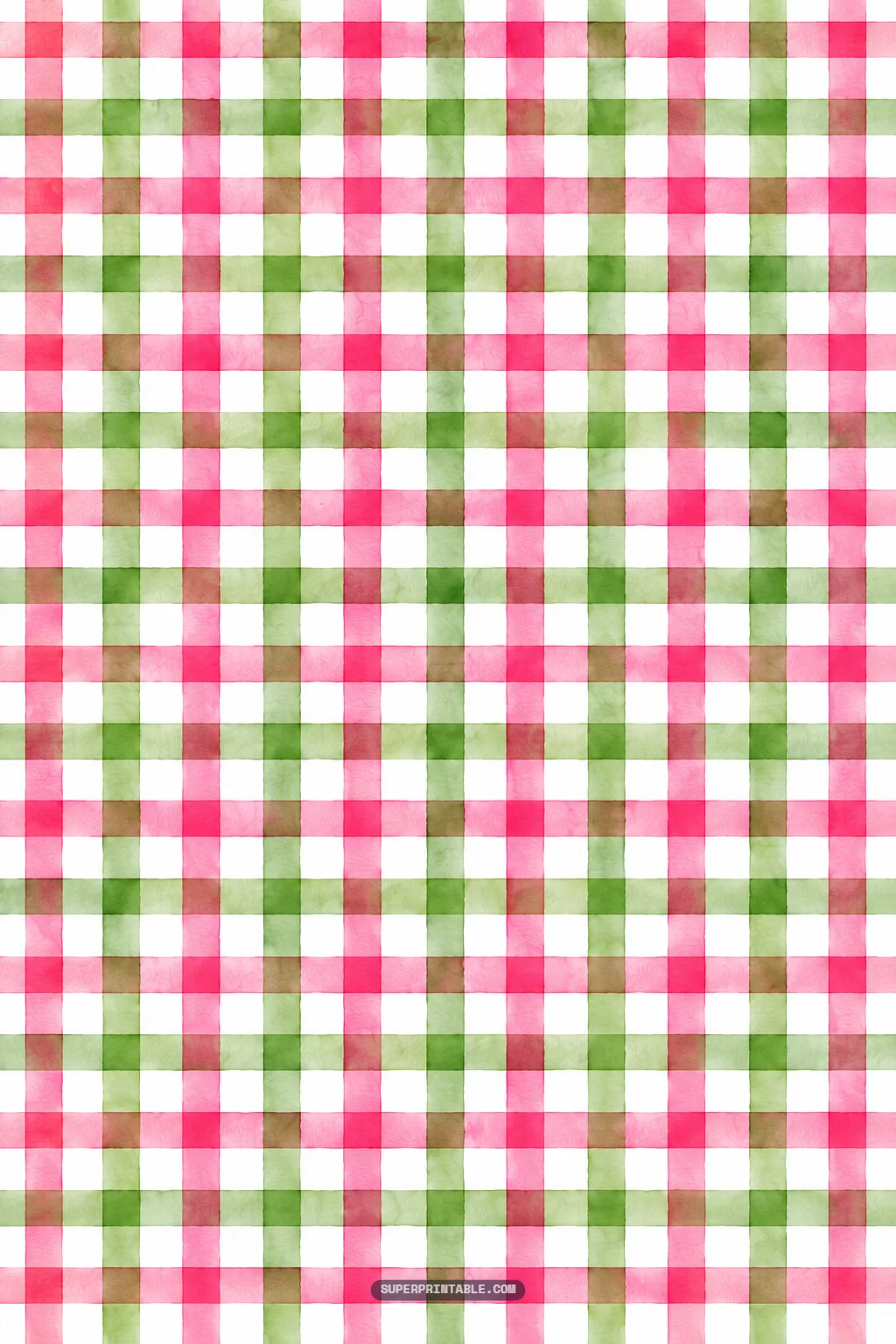 Watercolor gingham check pattern in overlapping mauve, sage green, and light tan hues.