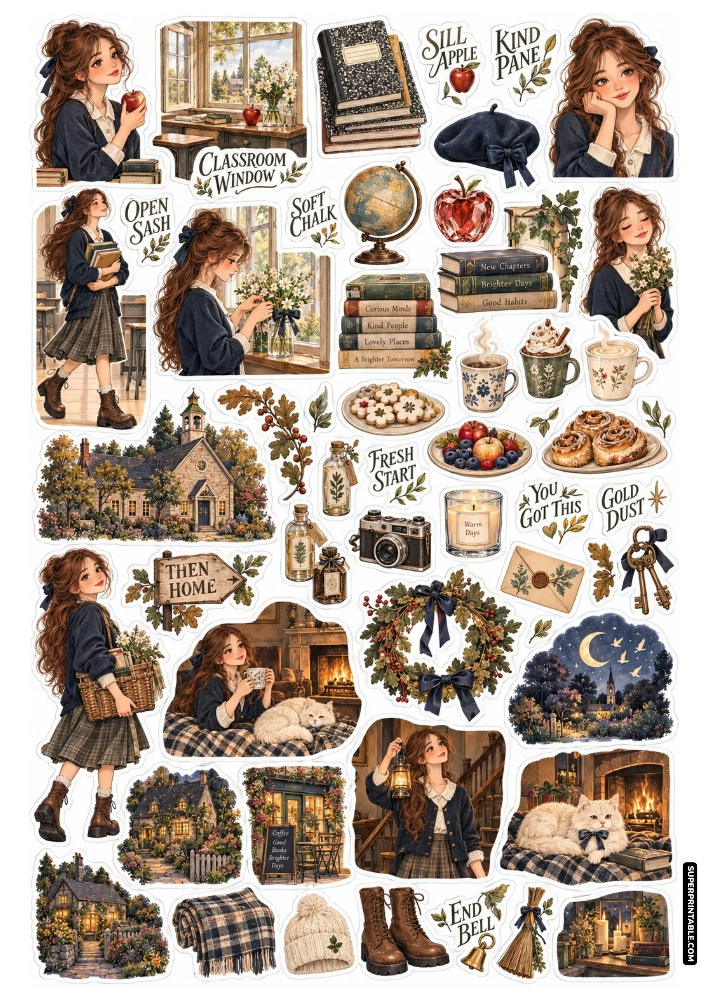 Classroom window sticker sheet depicting vintage globes, sunny windowsill bouquets, and school bells.