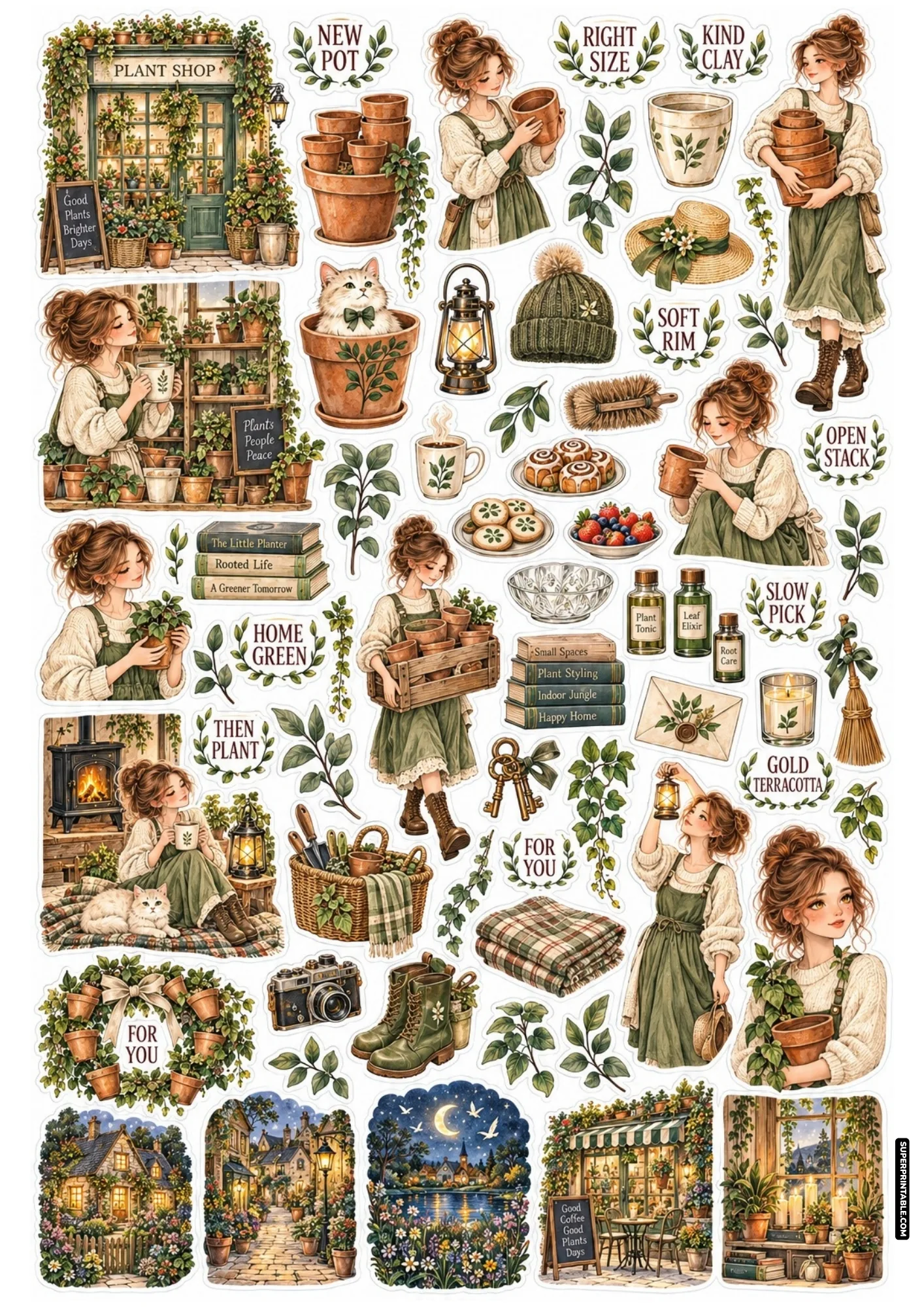 Sticker sheet displaying a gardener in an apron stacking terracotta planters, inspecting potted herbs, and cozy cats.