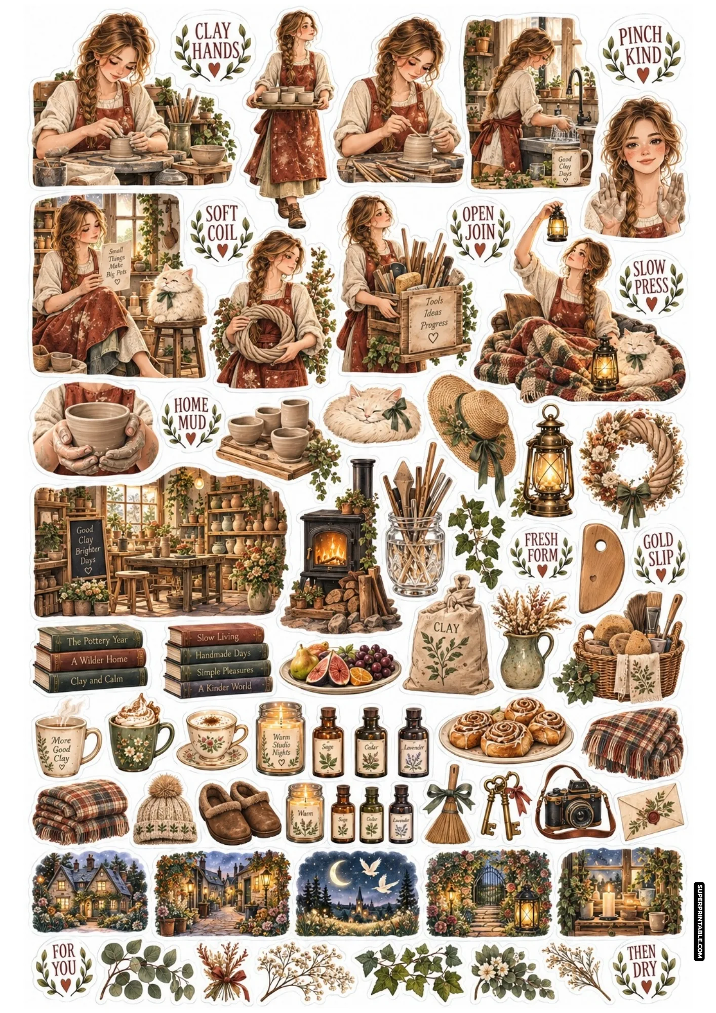 Pottery studio stickers featuring handbuilding ceramic crafts, pottery tools, and warm workshop scenes.