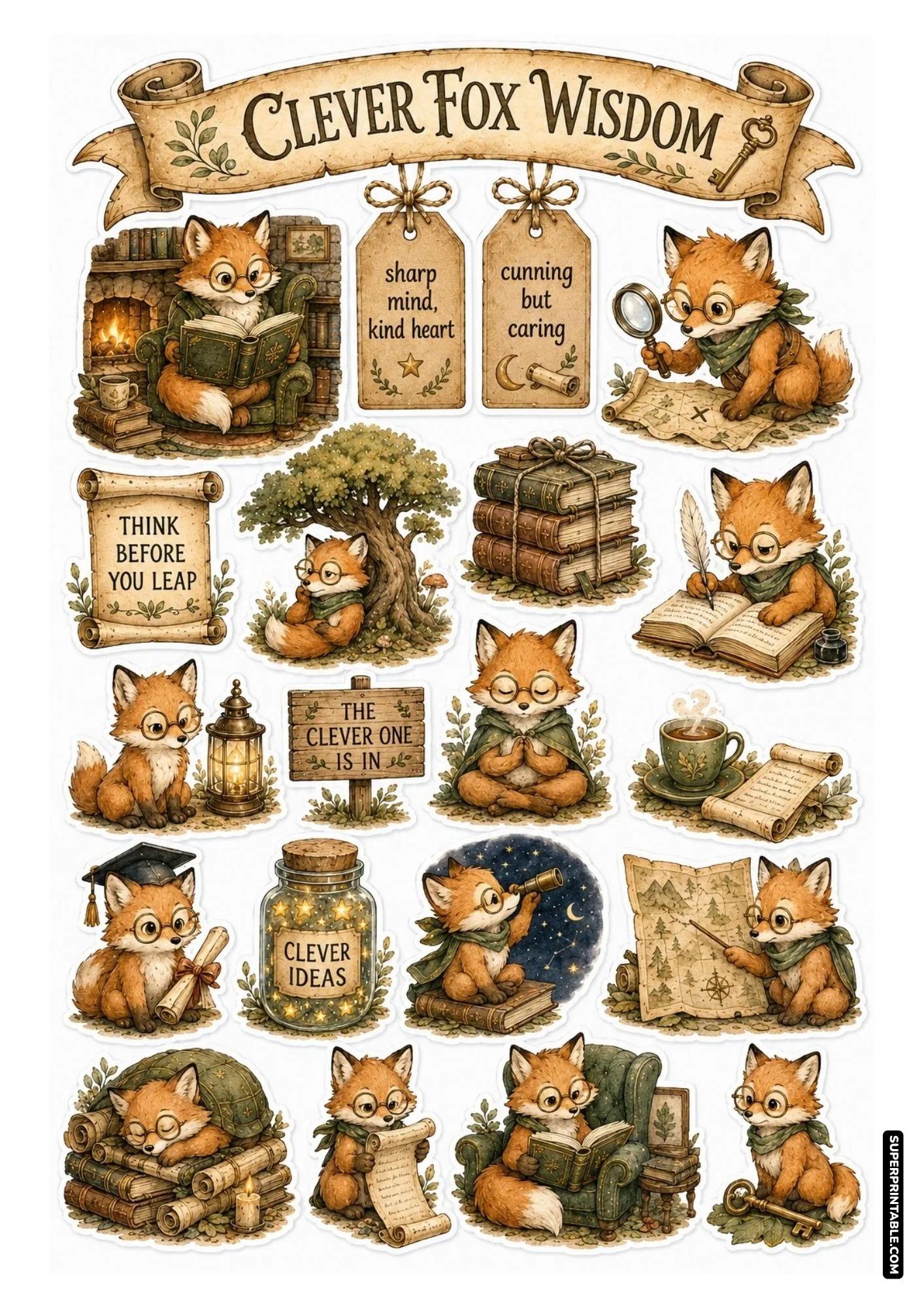 Vintage sticker sheet of cute scholarly foxes reading books, holding maps, and wearing round eyeglasses.