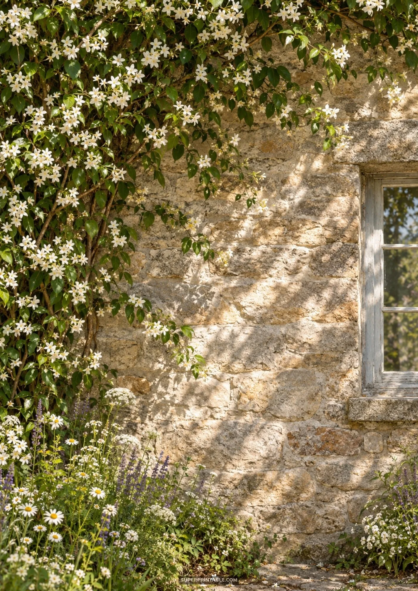 Climbing white clematis vine cascading down an old stone cottage wall beside a cottage window