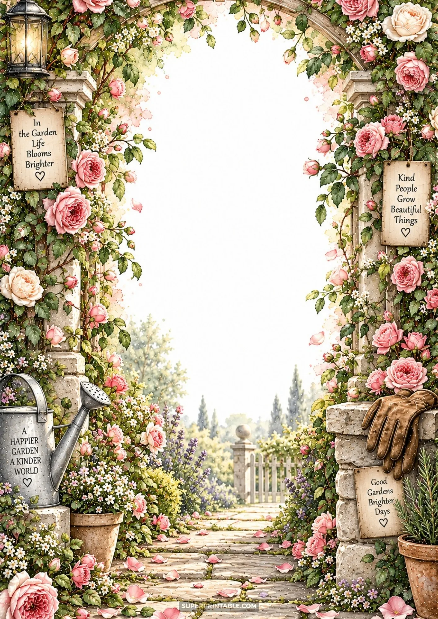 Stone garden gateway arched with climbing pink roses, terracotta flower pots, and soft morning sunlight