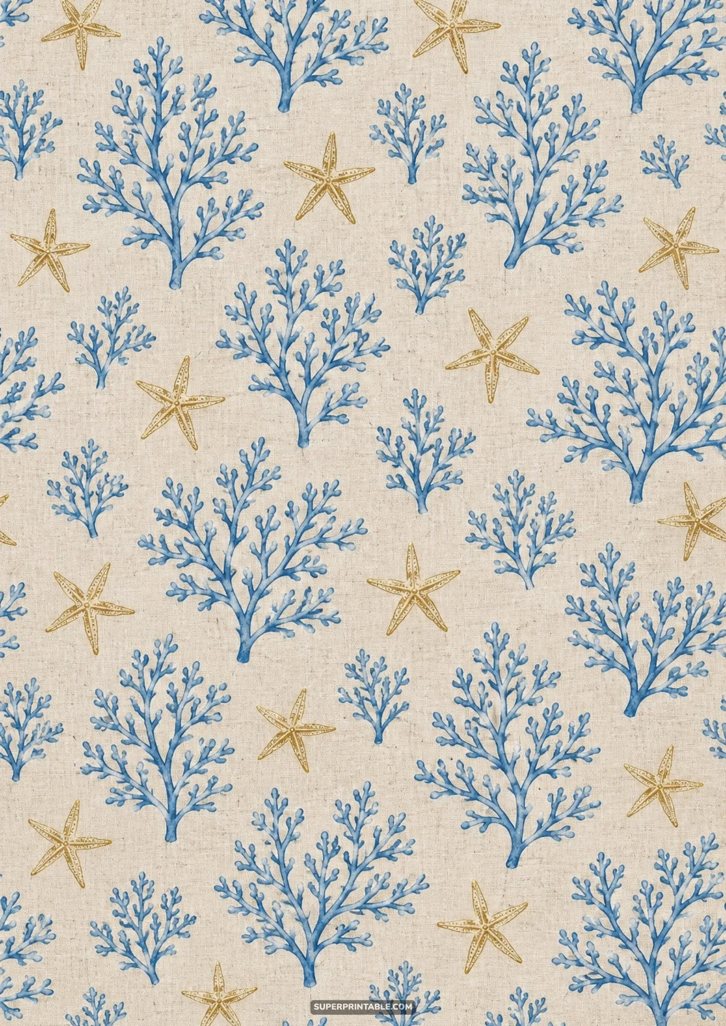 Blue coral branches and golden starfish pattern on textured linen fabric