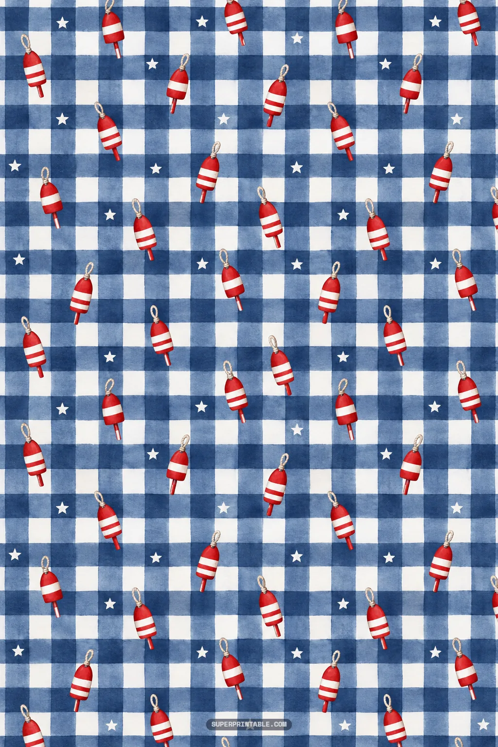 Red and white lobster buoys with small white stars scattered across a blue and white gingham check pattern