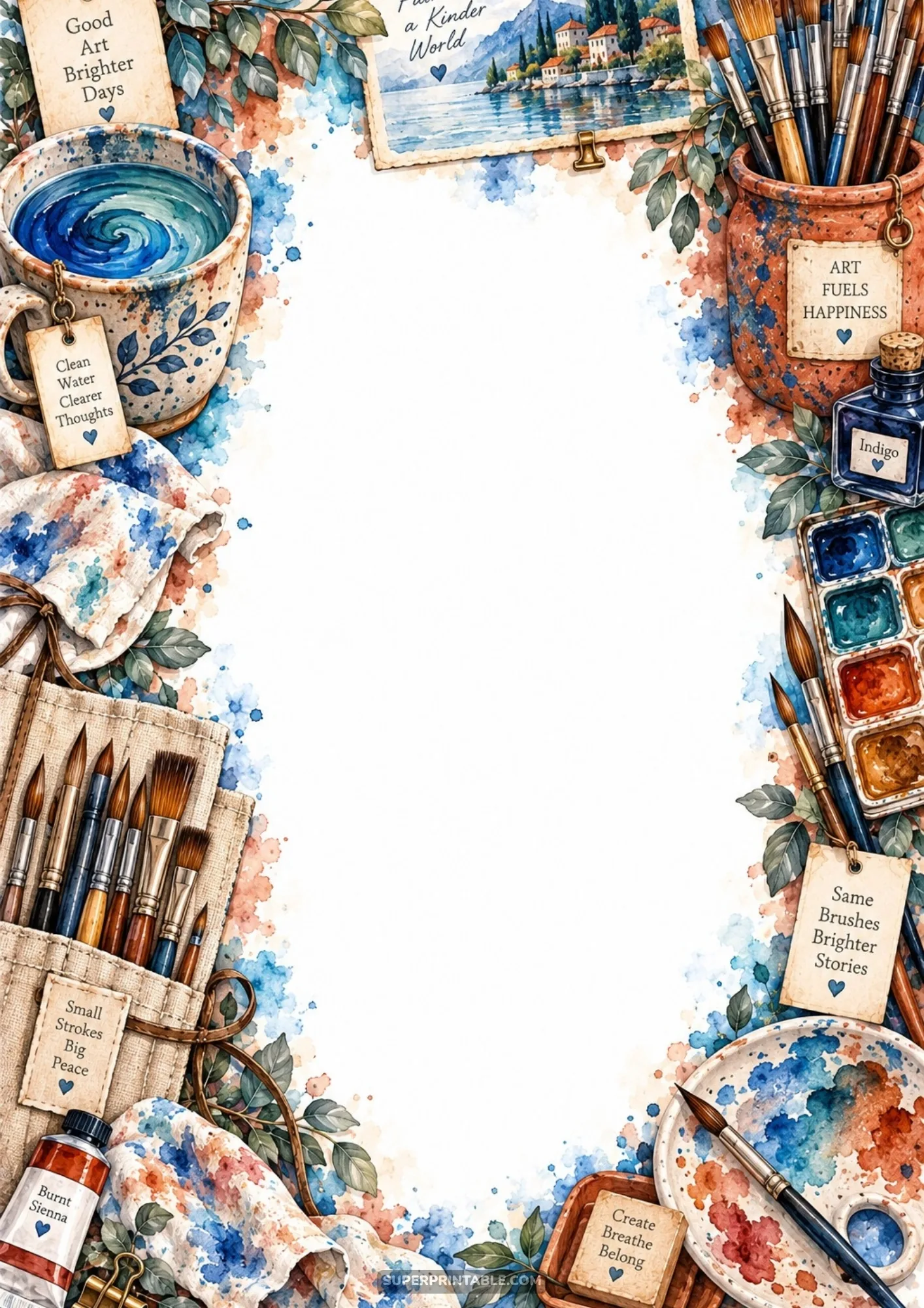 Ceramic water mug, fabric brush roll, indigo ink, and Mediterranean coastal landscape watercolor border.
