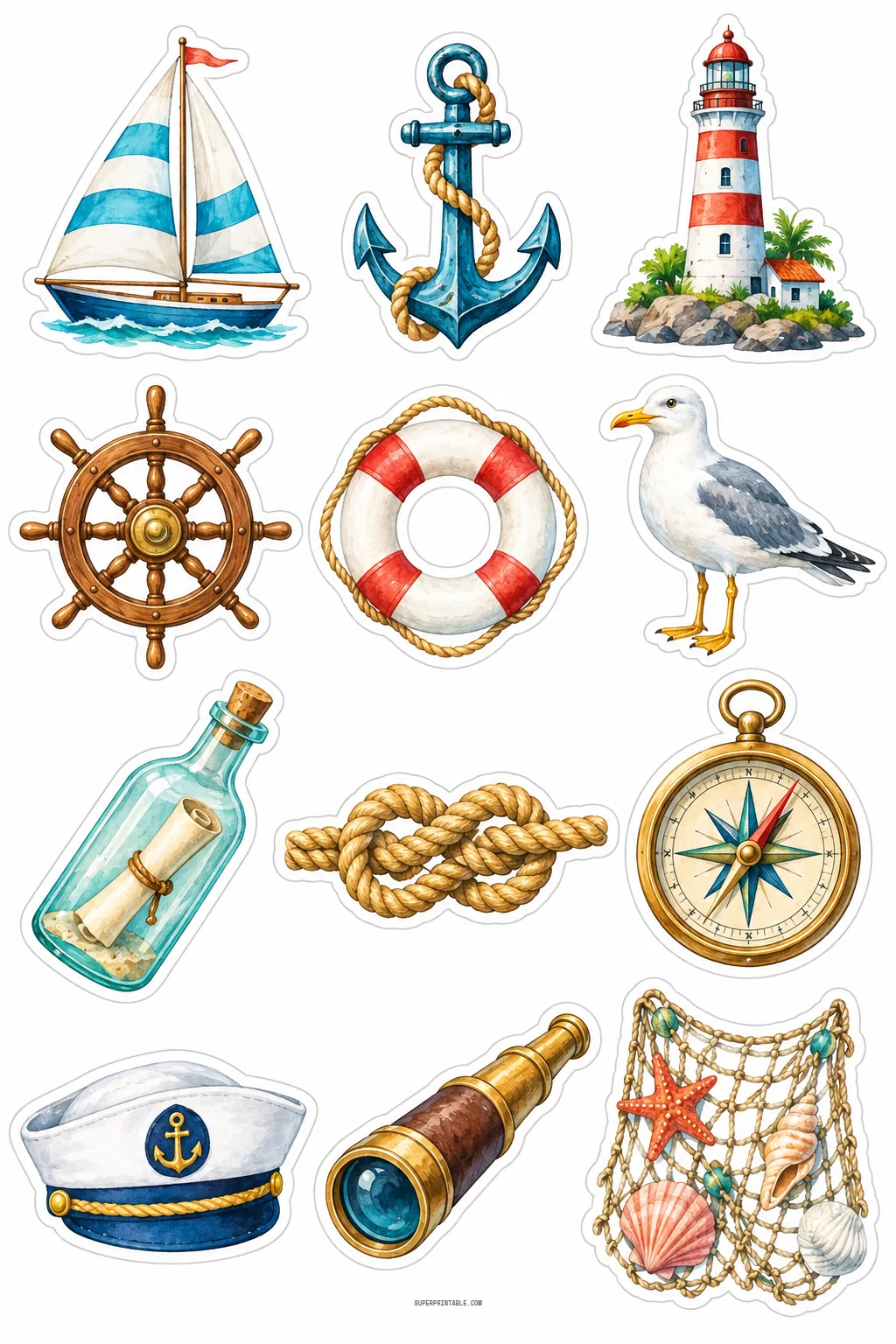 Coastal nautical stickers with red lighthouse, sailboat, ship wheel, seagull, and vintage brass spyglass