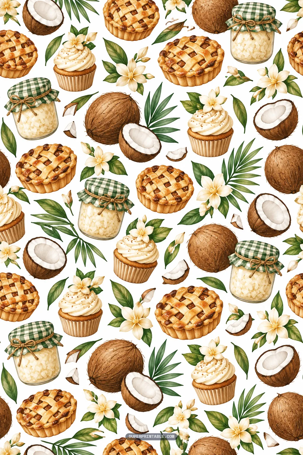 Lattice-top coconut pies, frosted cupcakes, and preserve jars on white backdrop.