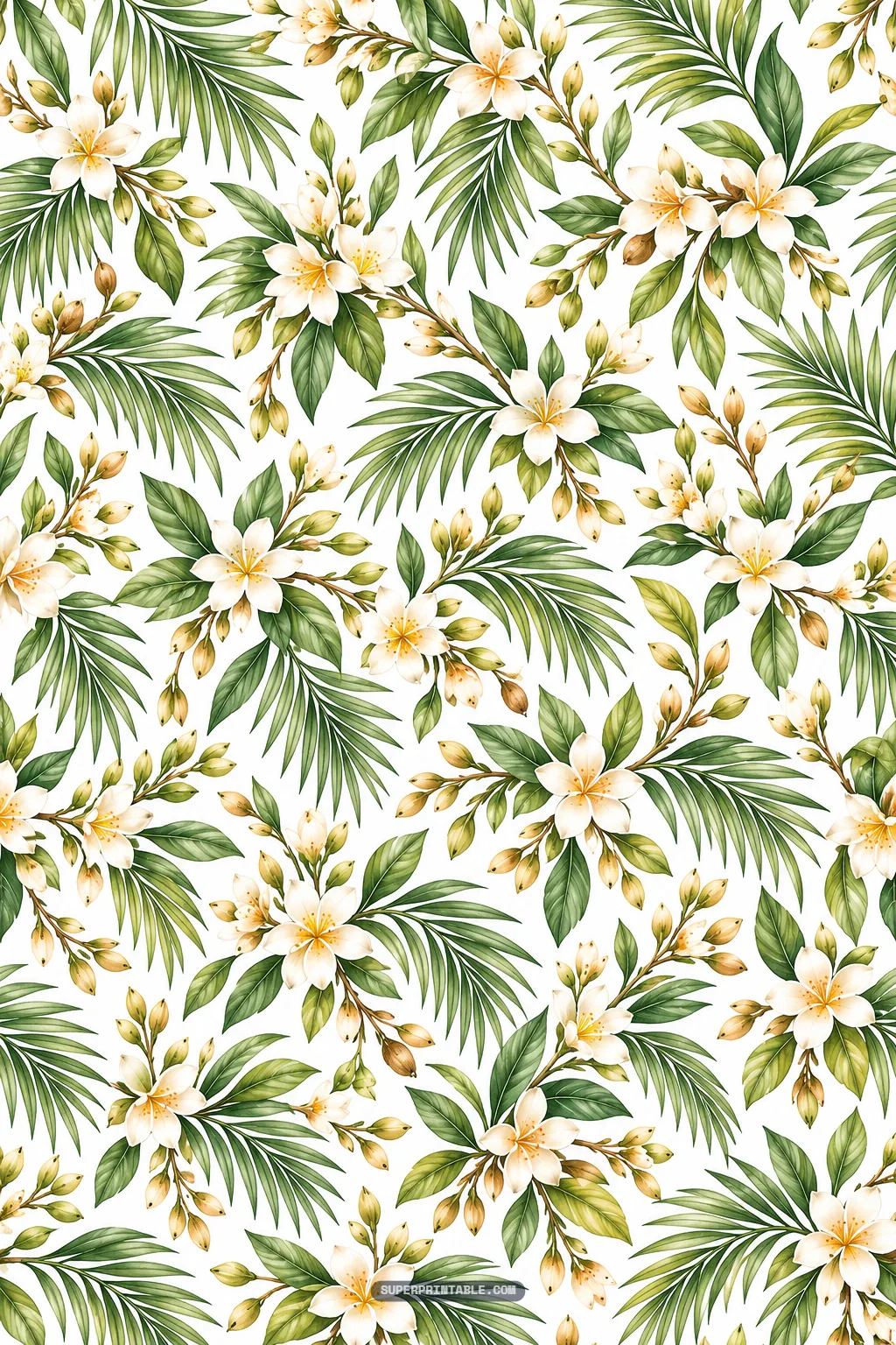 Lush watercolor pattern of white coconut blossoms, budding twigs, and palm greenery.