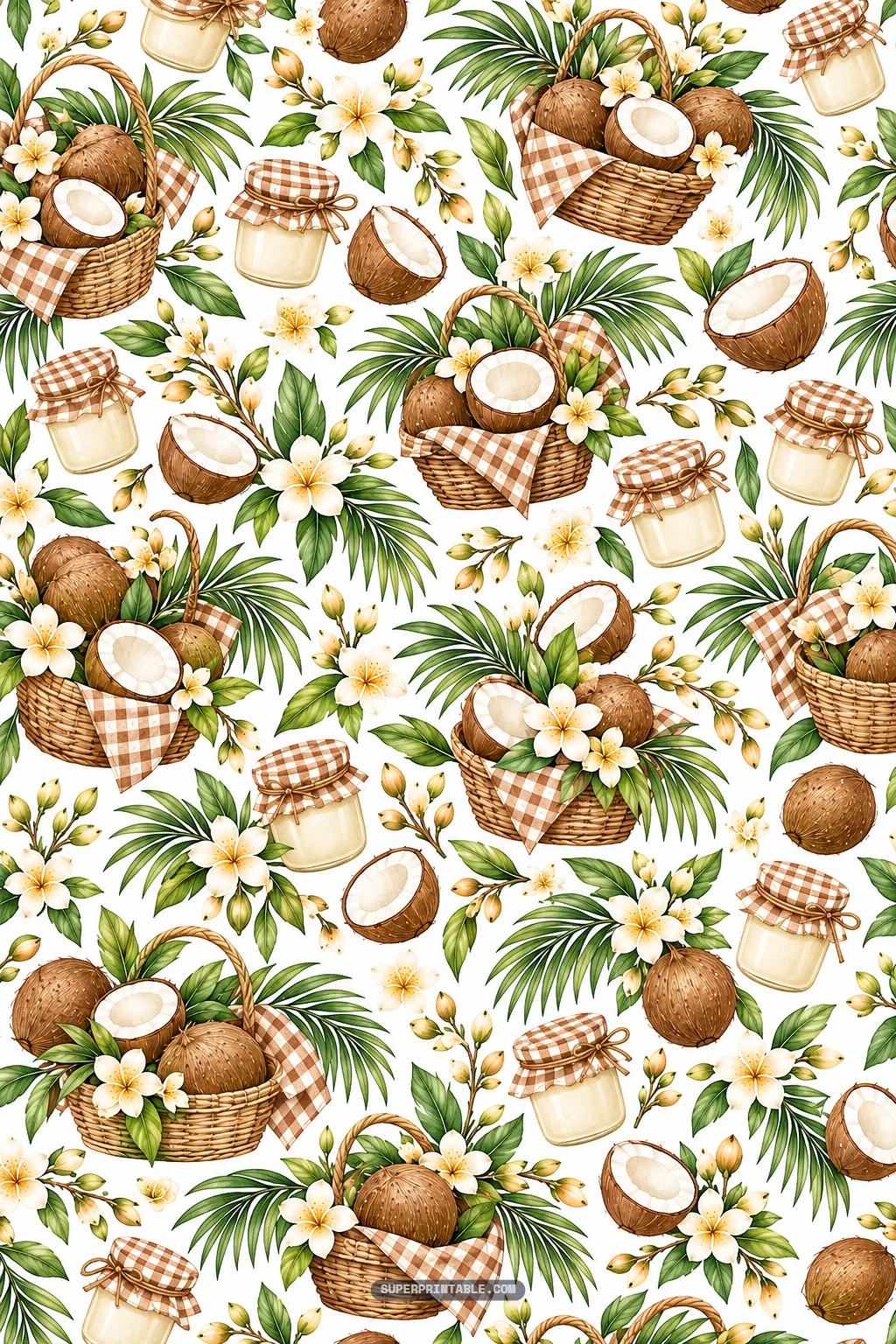 Coconut orchard digital papers featuring rustic harvest baskets and coconut oil jars.