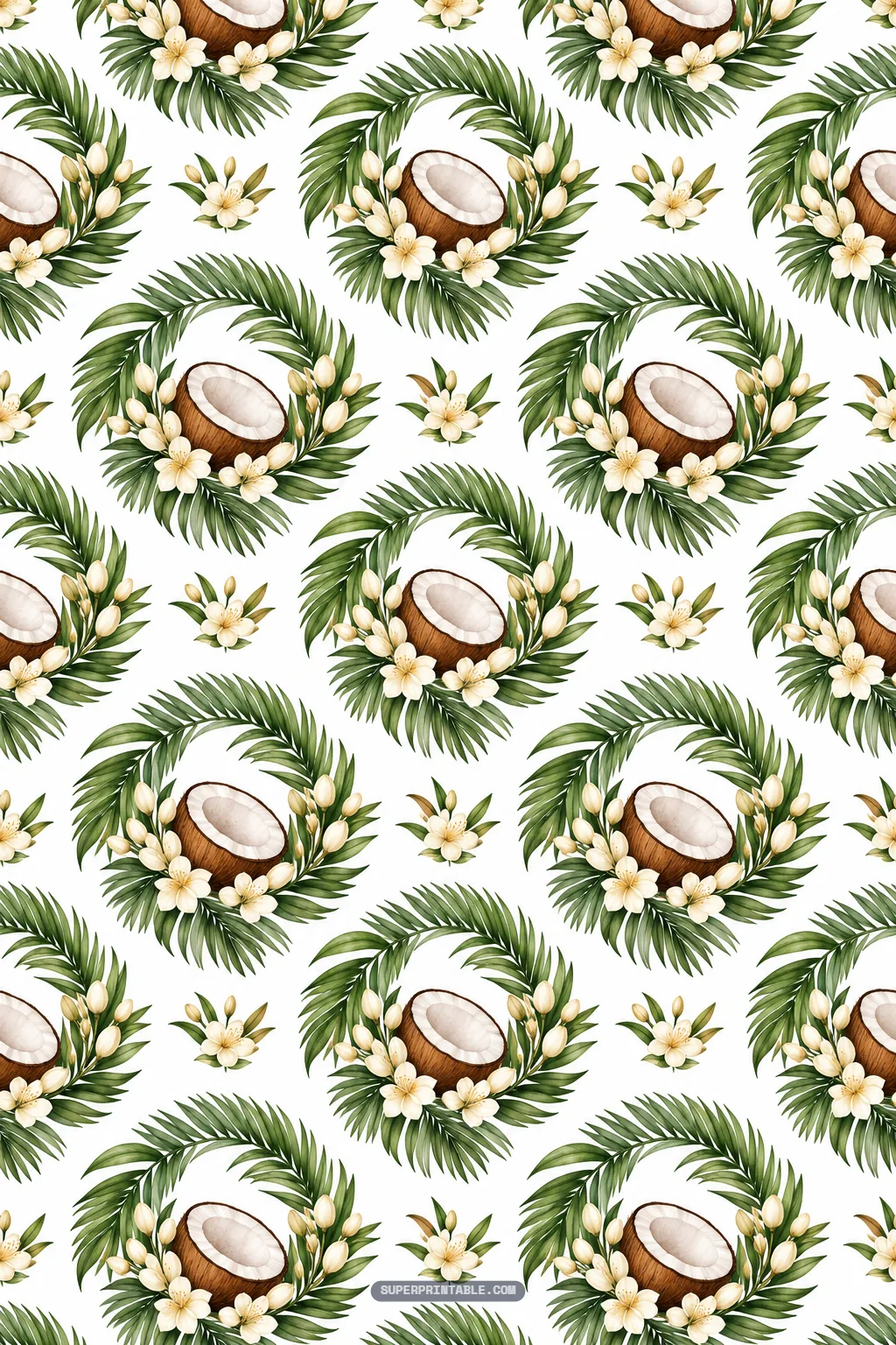 Coconut orchard digital papers showing halved coconuts in circular palm frond wreaths.